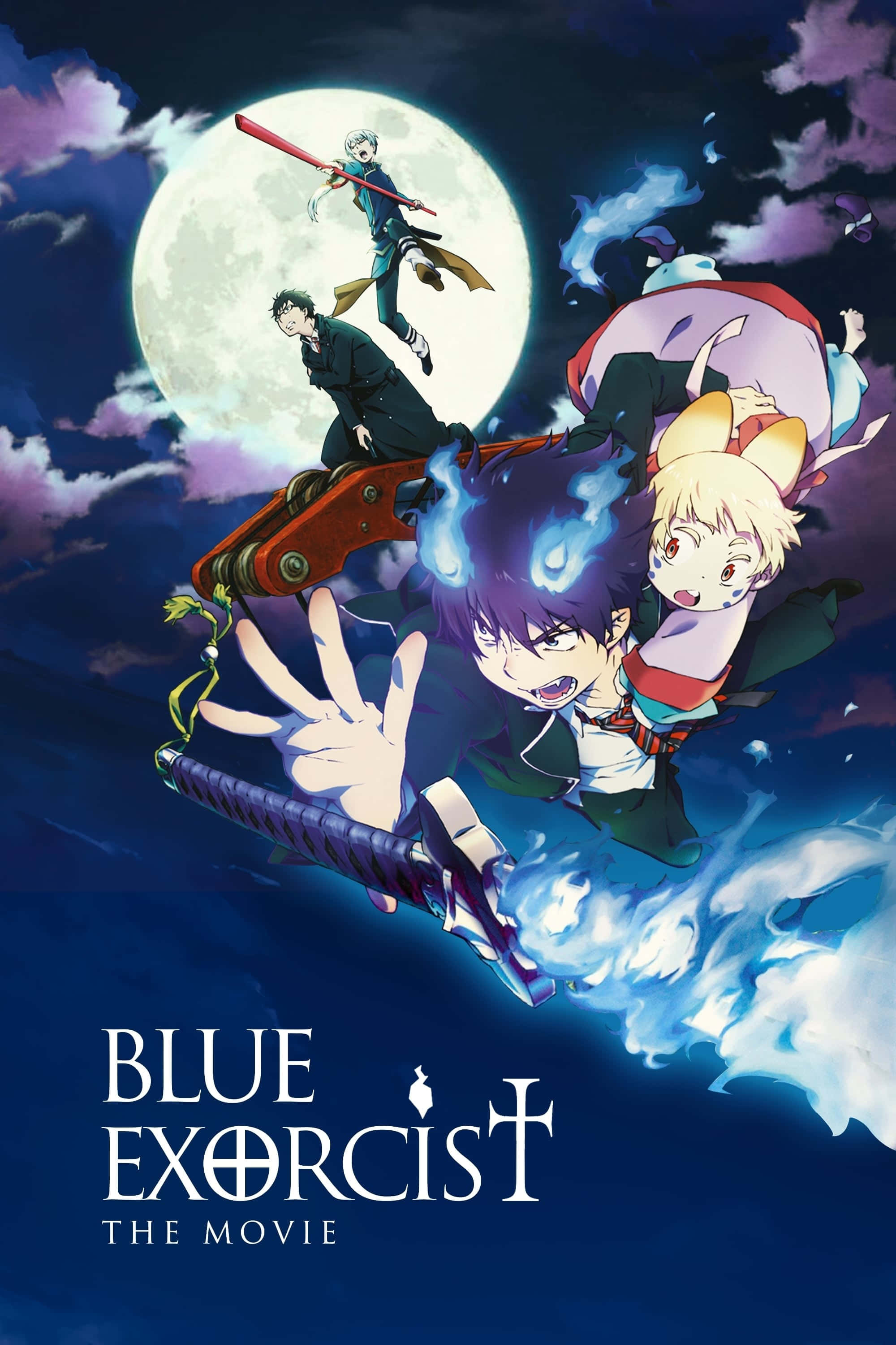 Blue Exorcist 桌布 壁紙 — 動漫角色在月光照耀的天空中翱翔，揮舞魔法武器對抗烏雲。