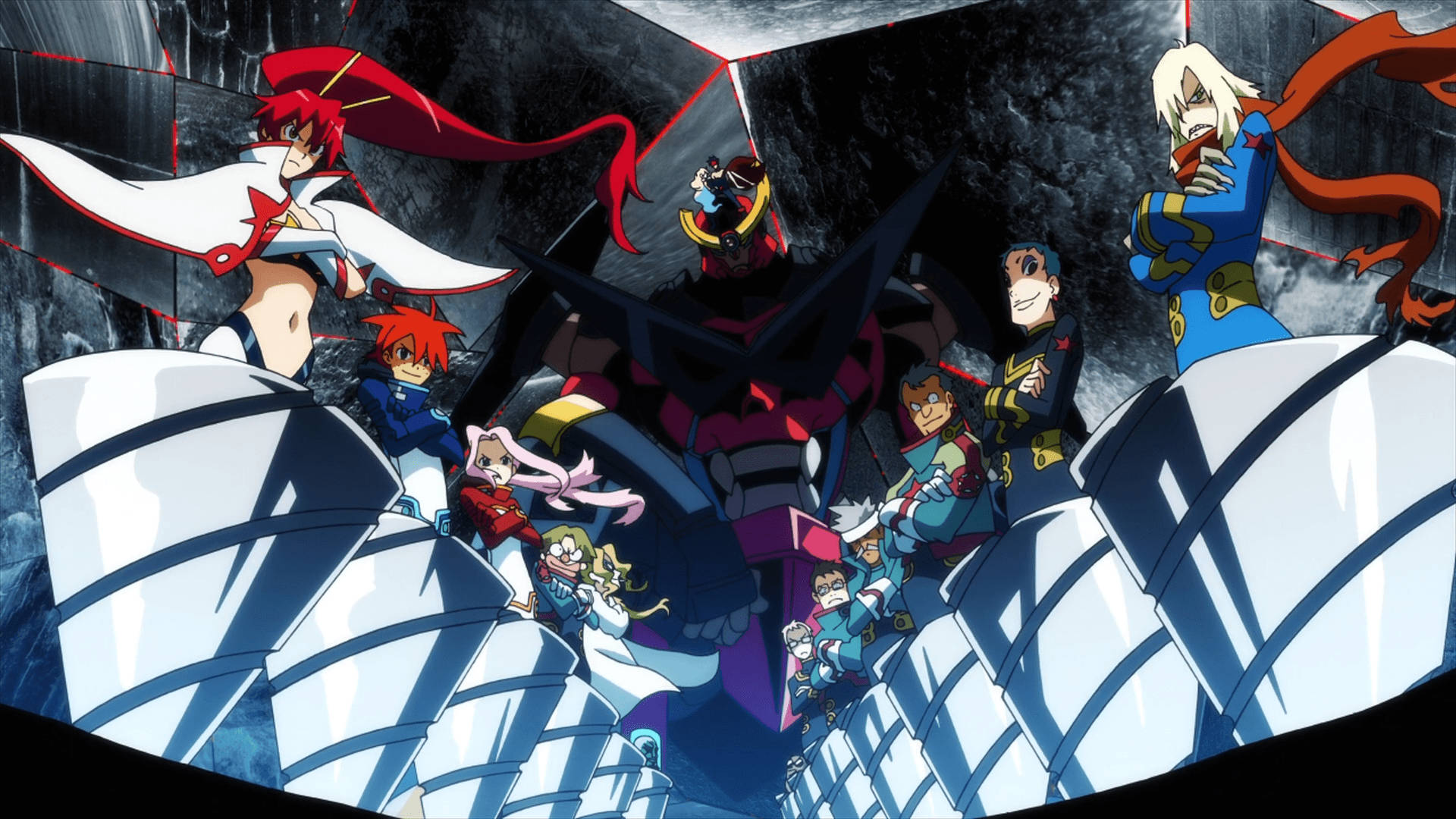 Gurren Lagann 桌布 壁紙 — 動漫角色在未來主義的白色結構上擺出動態姿勢，背景是黑暗破碎的。