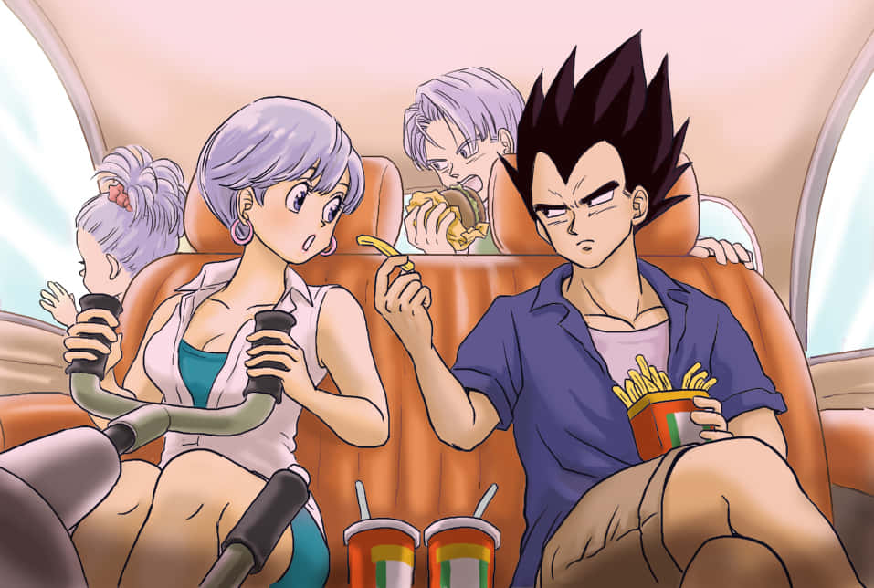 Vegeta's Family 桌布 壁紙 — 動漫角色在橙色座椅的車內吃速食，地板上有飲料杯。
