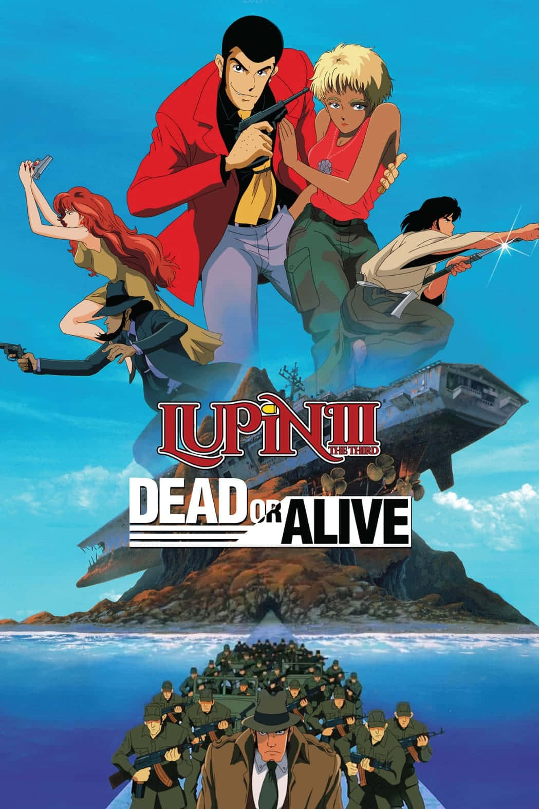 lupin iii 桌布 壁紙 — 動漫角色在海洋上方的浮島上擺出動作姿勢，下方有士兵。