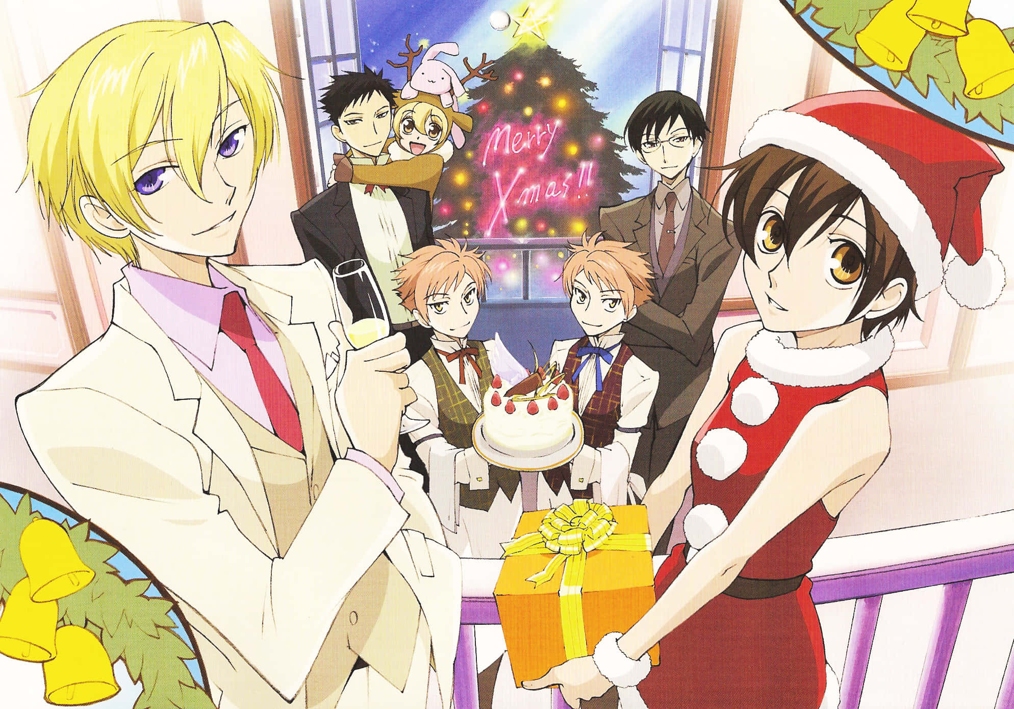 ouran high school host club 桌布 壁紙 — 動漫角色在溫暖照明的房間裡，用蛋糕禮物和節日裝飾慶祝聖誕節。