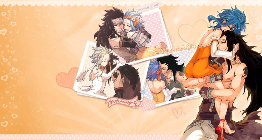 Gajeel Redfox 桌布 壁紙 — 動漫角色在溫暖的蜜桃色背景上擺出浪漫姿勢，配有愛心和照片拼貼元素。