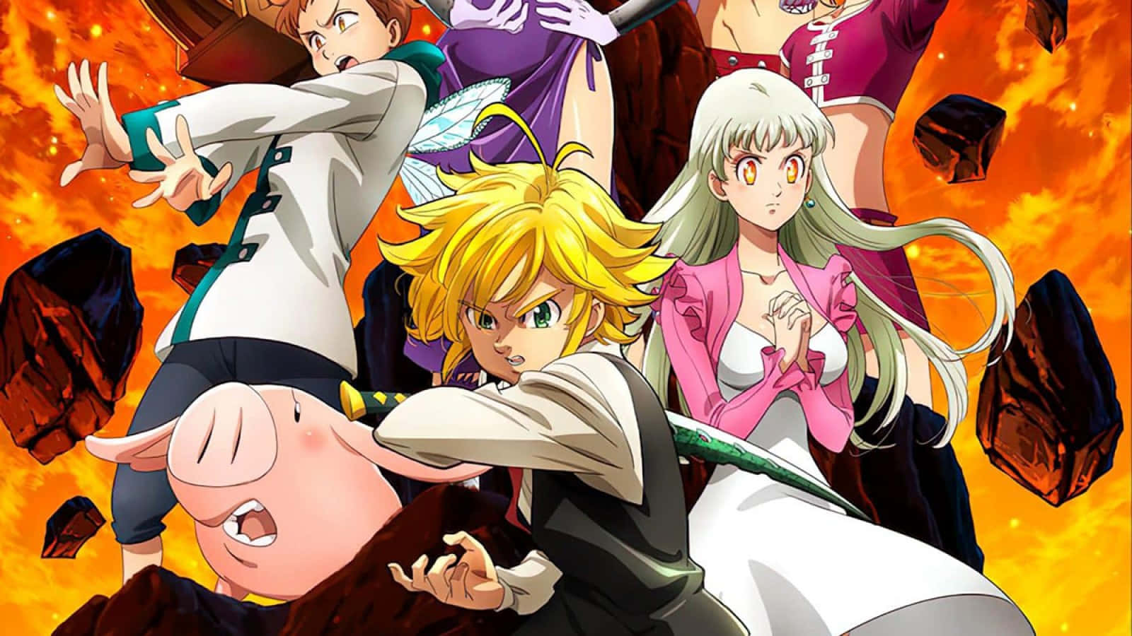 The Seven Deadly Sins 桌布 壁紙 — 動漫角色在火焰橙色背景和浮石中擺出動態動作姿勢。
