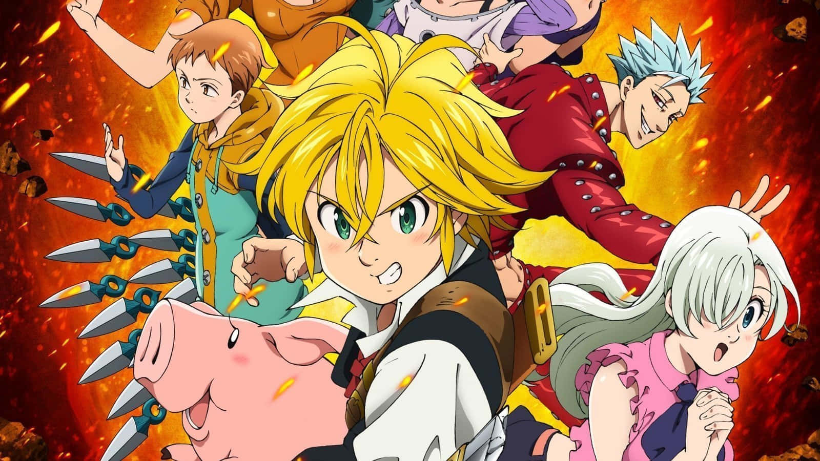 The Seven Deadly Sins 桌布 壁紙 — 動漫角色在火焰背景中以動態動作姿勢呈現，伴隨著飛舞的刀片和一隻豬同伴。