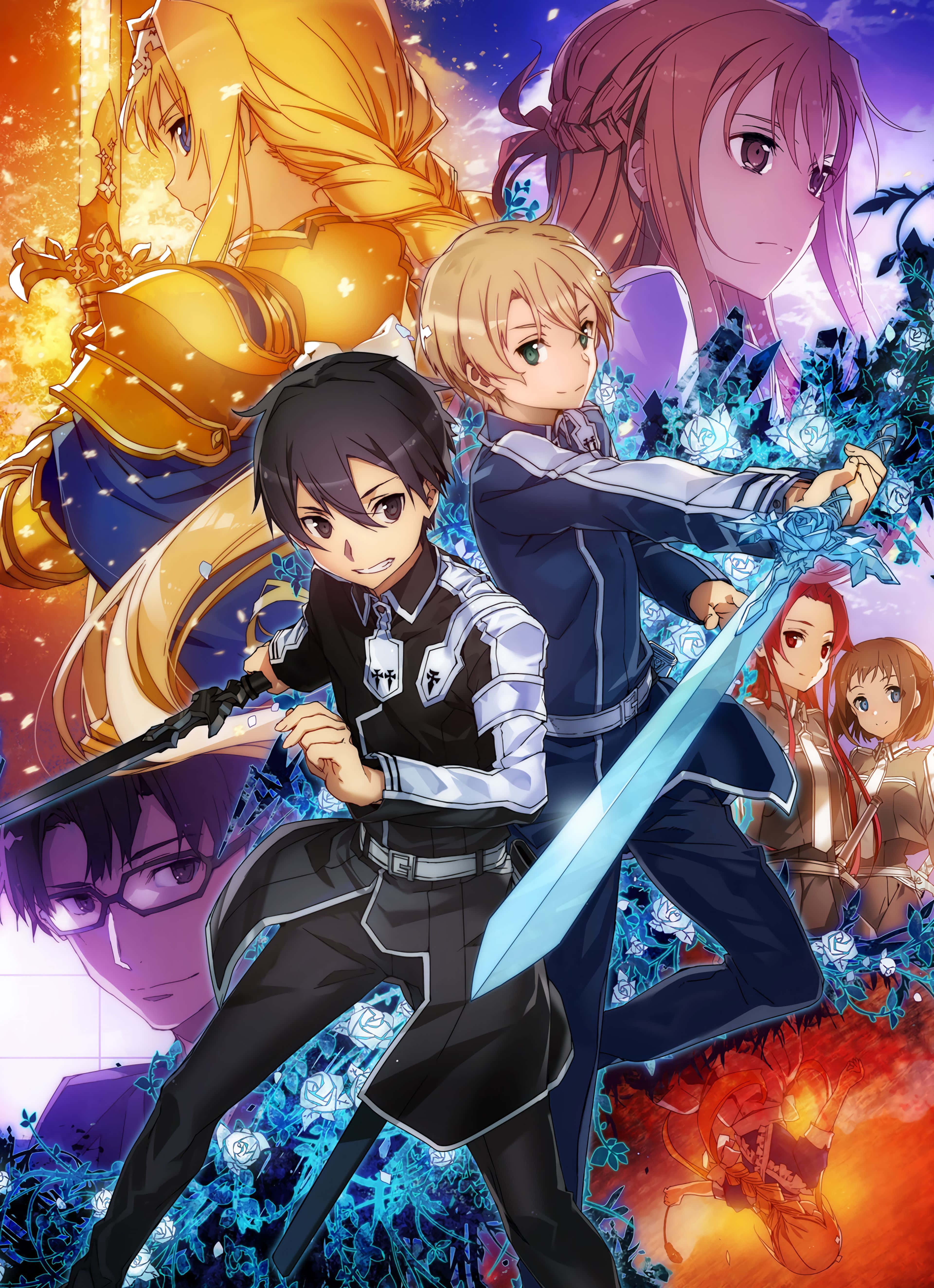 Sword Art Online Eugeo 桌布 壁紙 — 動漫角色在火焰與冰霜背景下以發光劍擺出動態戰鬥姿勢。