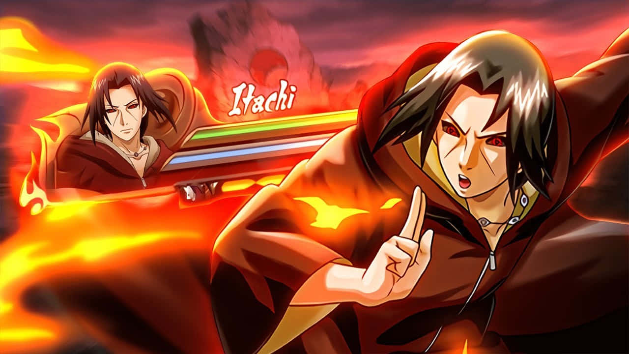 Jutsu 桌布 壁紙 — 動漫角色在火紅和橙色的戰鬥場景中，伴隨著戲劇性的夕陽天空和發光的查克拉效果。