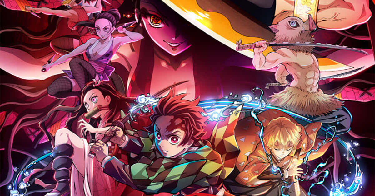 Demon Slayer Group 桌布 壁紙 — 動漫角色在火紅和紫色背景下，用劍和發光的藍色能量激烈碰撞。