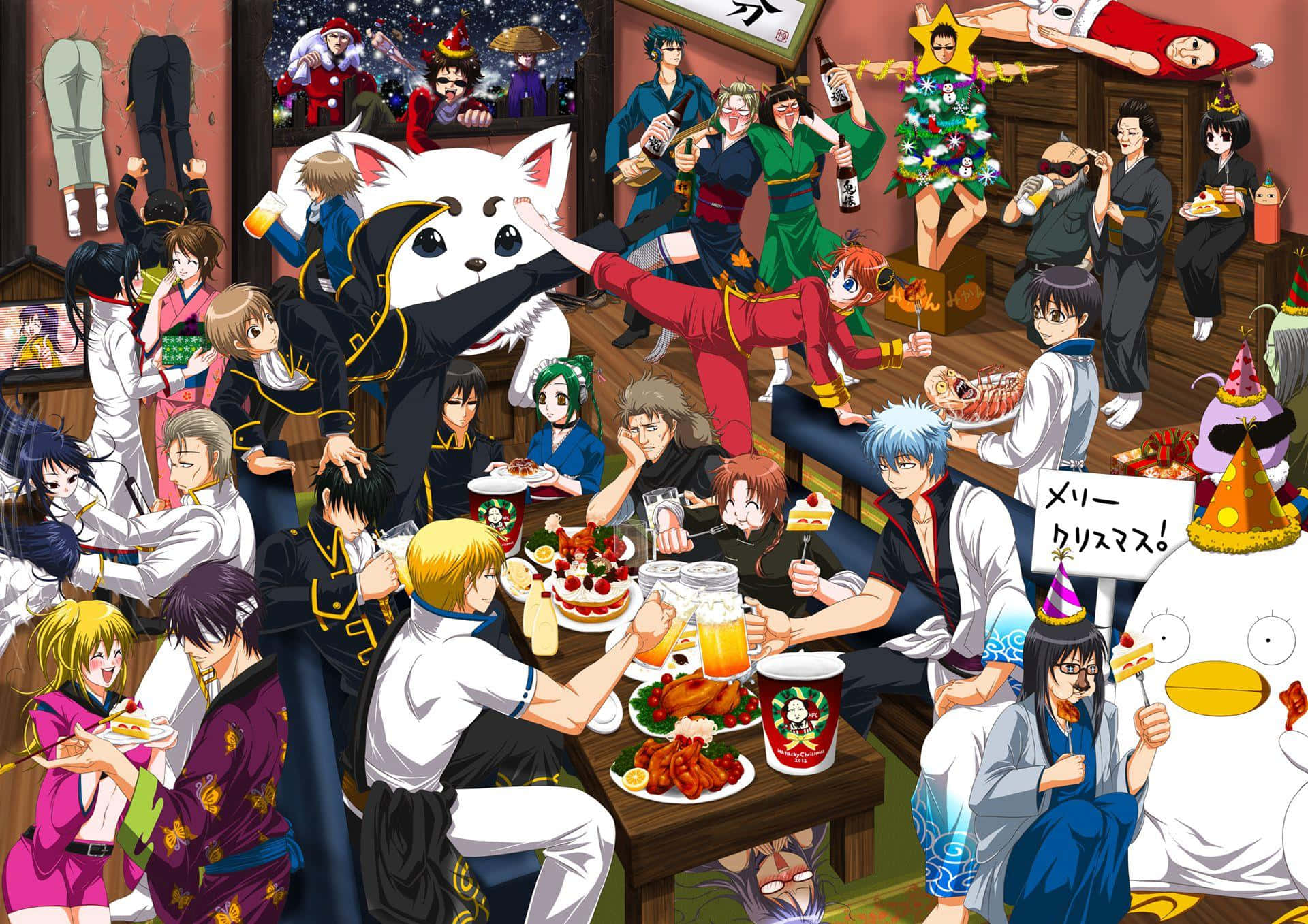 銀魂 桌布 壁紙 — 動漫角色在熱鬧的傳統日式旅館中慶祝聖誕節，享用美食、飲品和節日裝飾。