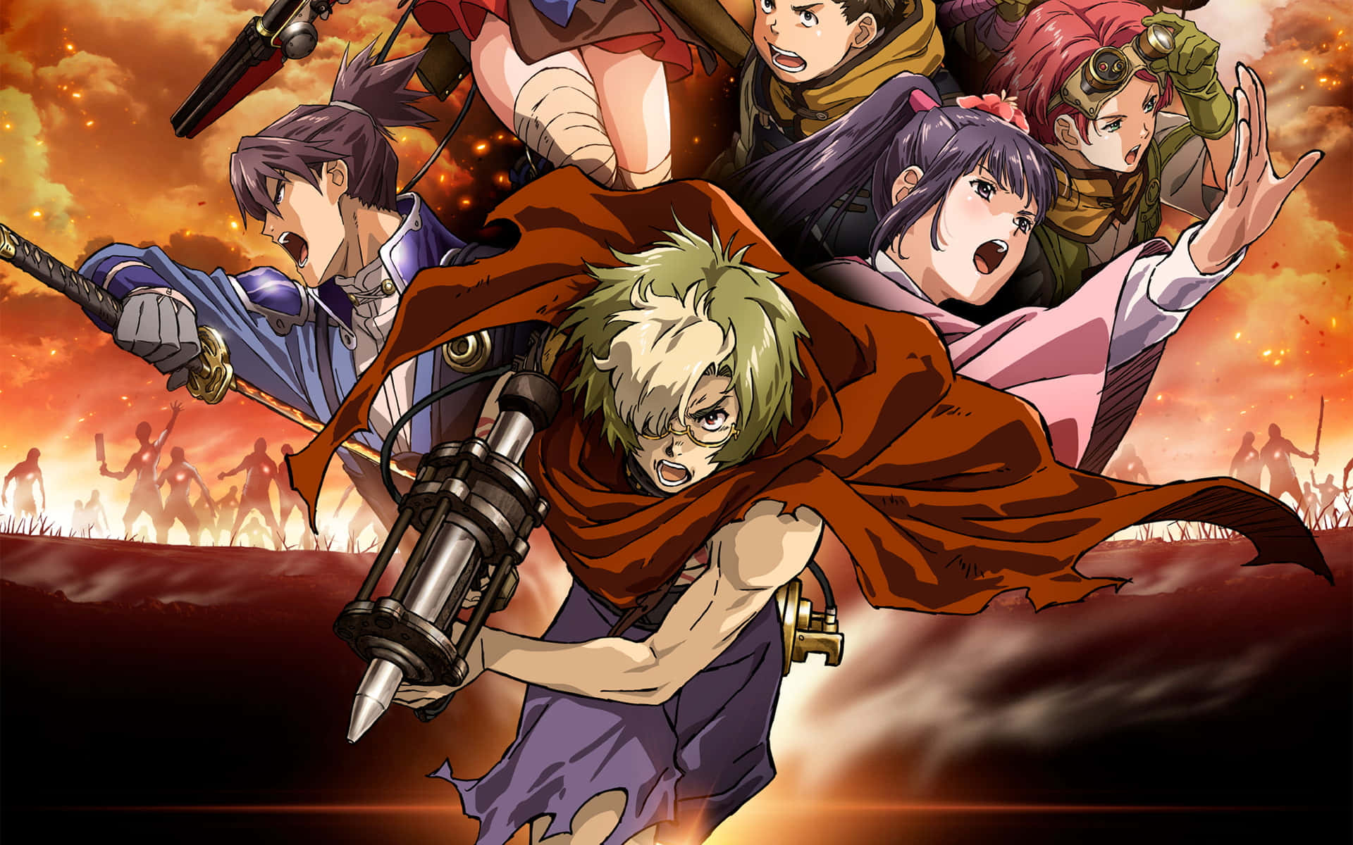 Kabaneri Of The Iron Fortress 桌布 壁紙 — 動漫角色在熾熱的日落背景下以動態戰鬥姿勢呈現，並有剪影戰士。