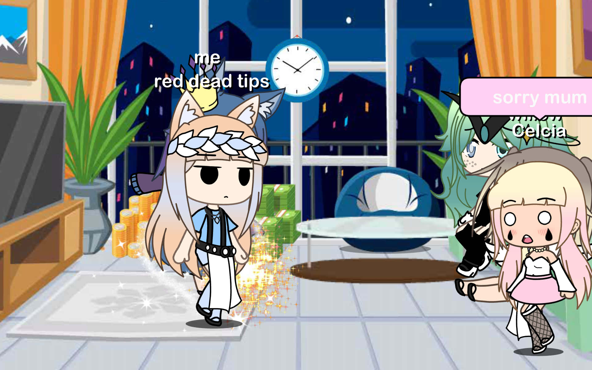 Gacha Life 桌布 壁紙 — 動漫角色在現代客廳中，夜晚透過窗戶可見城市燈光，地板上有發光的錢。