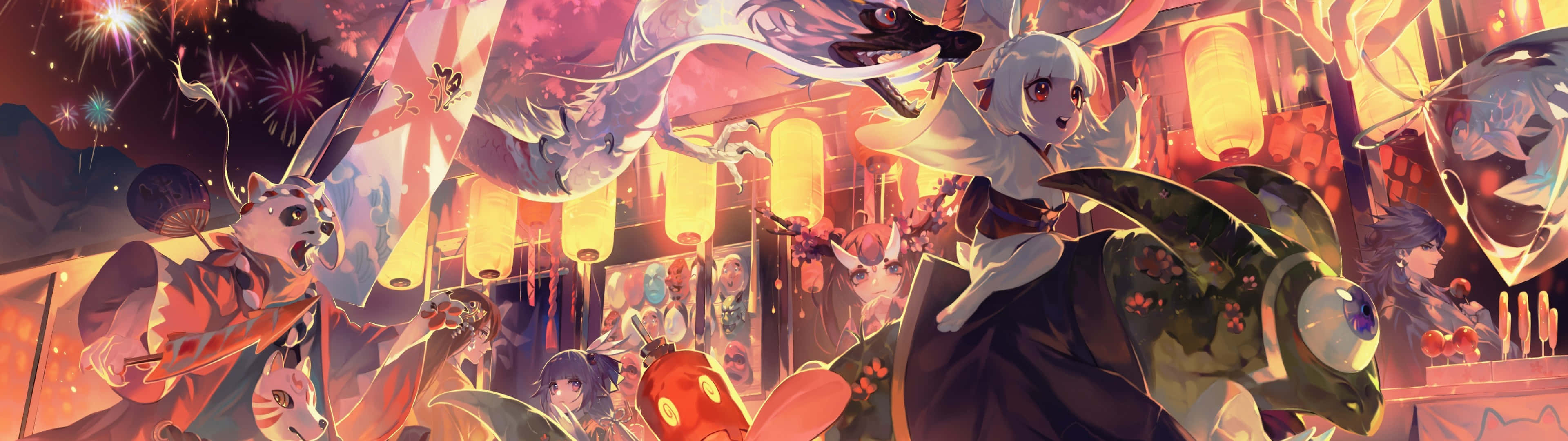 3840 X 1080 Anime HD 桌布 壁紙 — 動漫角色在發光的燈籠下慶祝，煙火在節日夜晚場景中綻放。