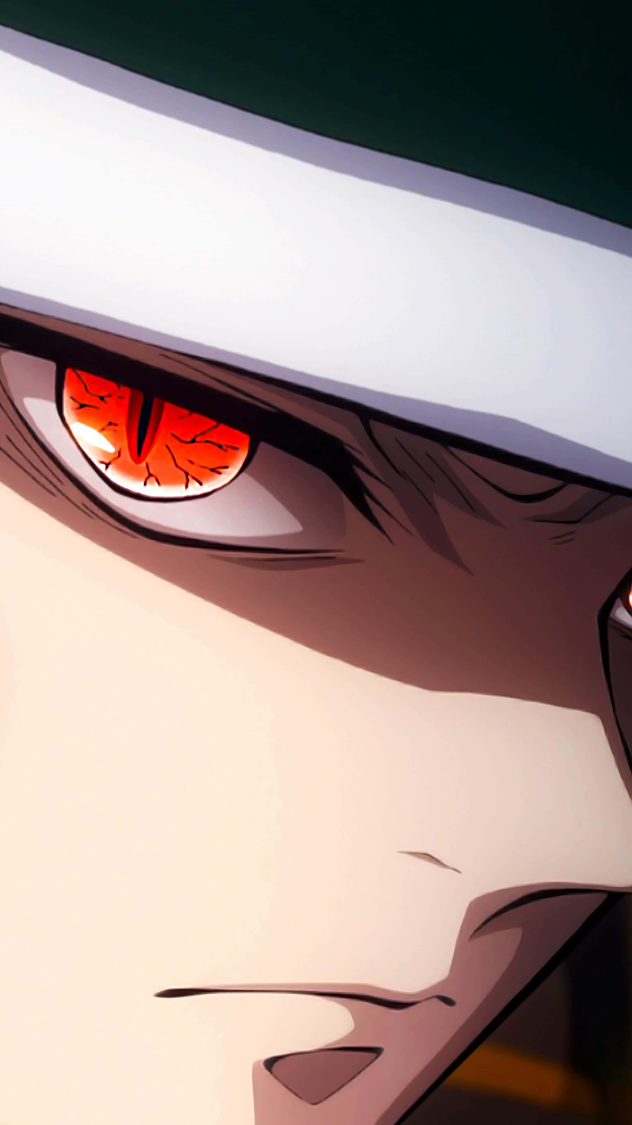 Anime Eyes 桌布 壁紙 — 動漫角色在白色頭帶下，虹膜破裂的強烈紅色眼睛特寫。