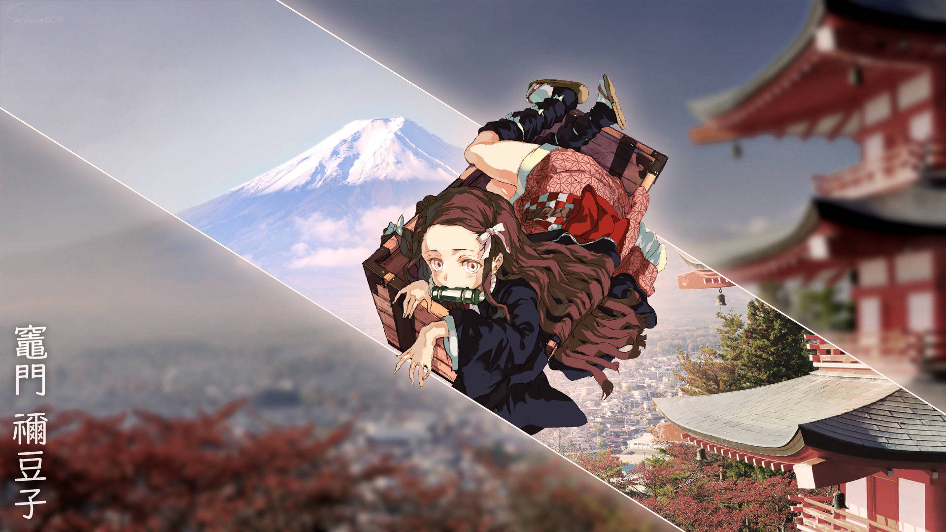 鬼滅之刃 桌布 壁紙 — 動漫角色在白雪覆蓋的富士山和傳統日本寺廟屋頂的分屏視圖中翱翔。