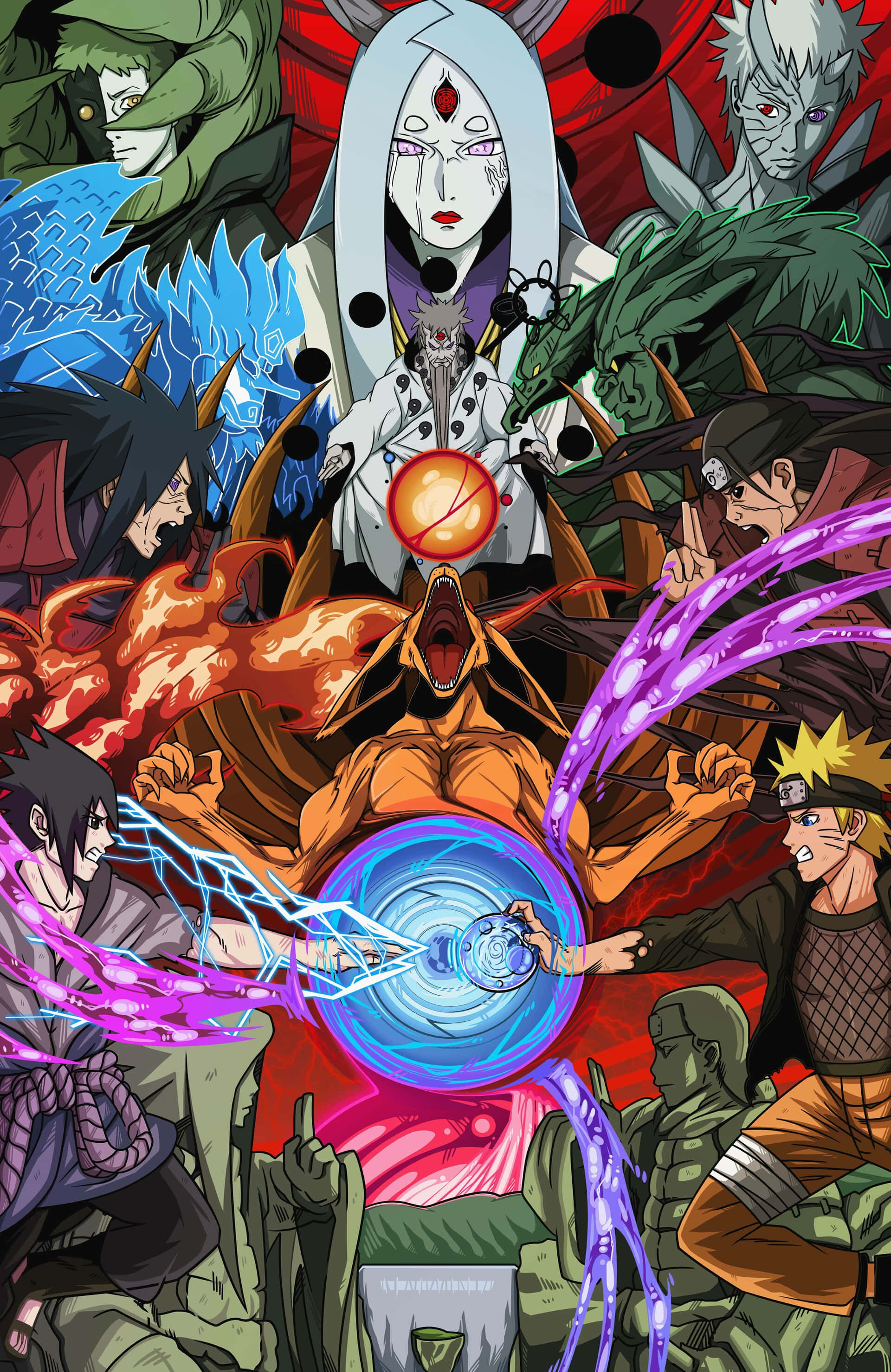 Ninja World 桌布 壁紙 — 動漫角色在紅色背景前，以旋轉的查克拉和發光球體展開一場充滿活力的戰鬥。