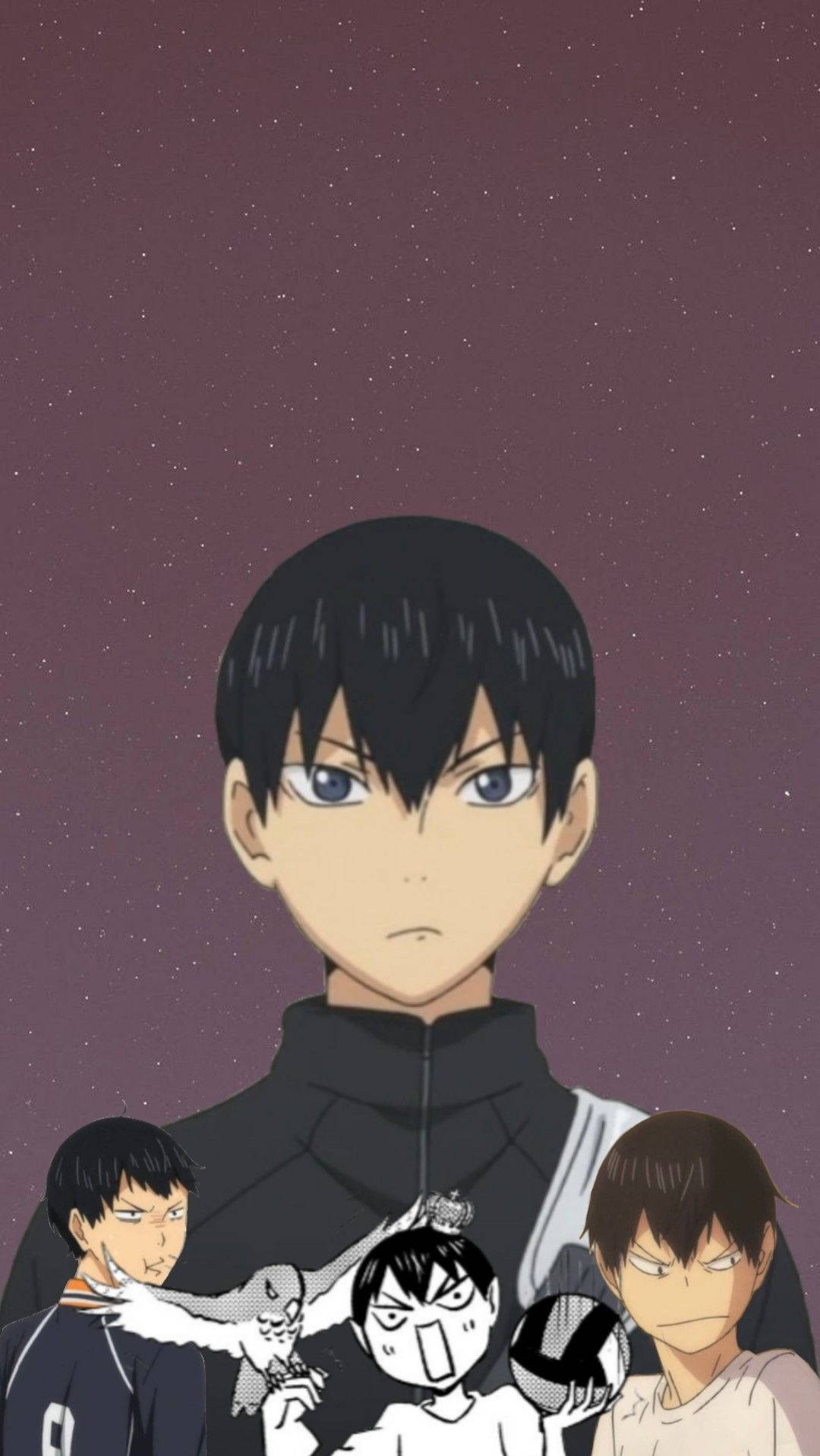 Kageyama 桌布 壁紙 — 動漫角色在繁星點點的紫色夜空下，表情嚴肅地站立。