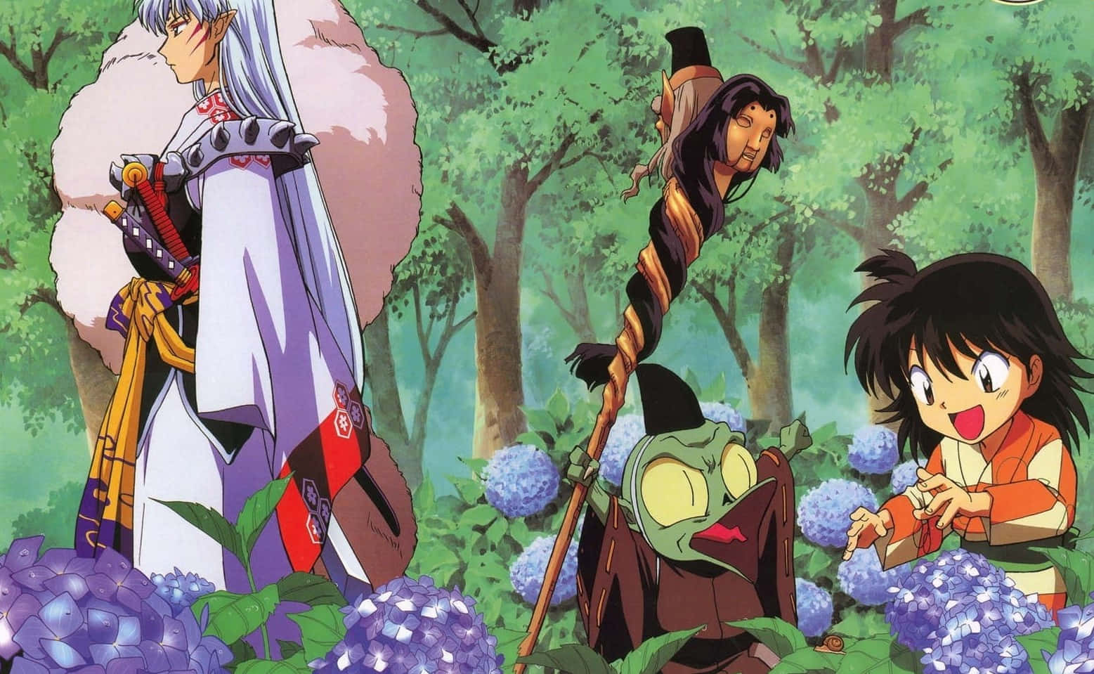 Inuyasha And Sesshomaru 桌布 壁紙 — 動漫角色在茂密的森林中，周圍有紫色繡球花和一個綠色的青蛙狀生物。