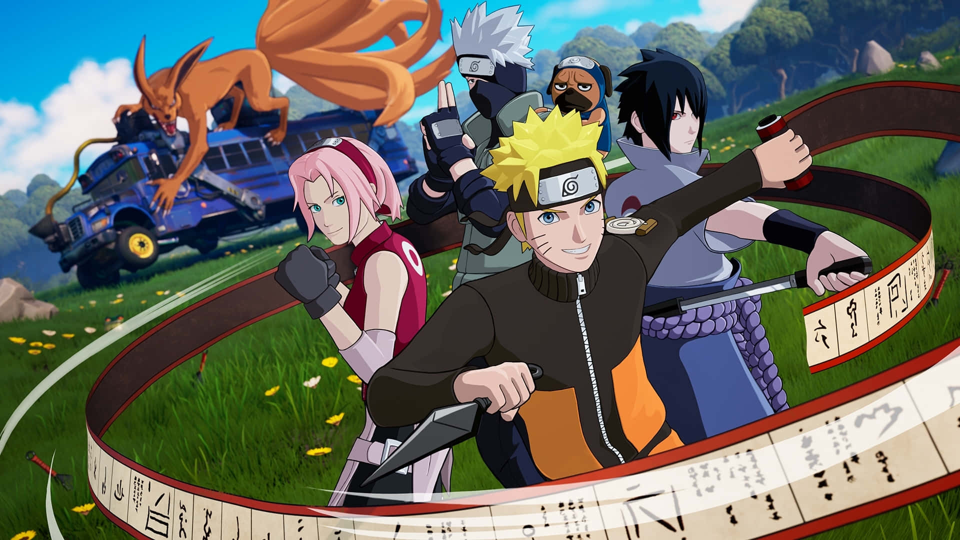 Naruto Group 桌布 壁紙 — 動漫角色在草地上英勇地擺姿勢，背景有一輛藍色卡車和一隻橙色狐狸生物。