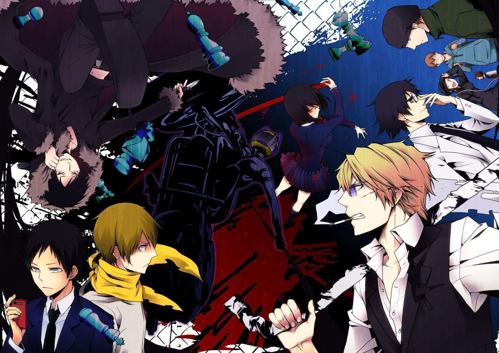 durarara 桌布 壁紙 — 動漫角色在藍色背景下，於破碎玻璃和深紅色飛濺中擺出戲劇性姿勢。