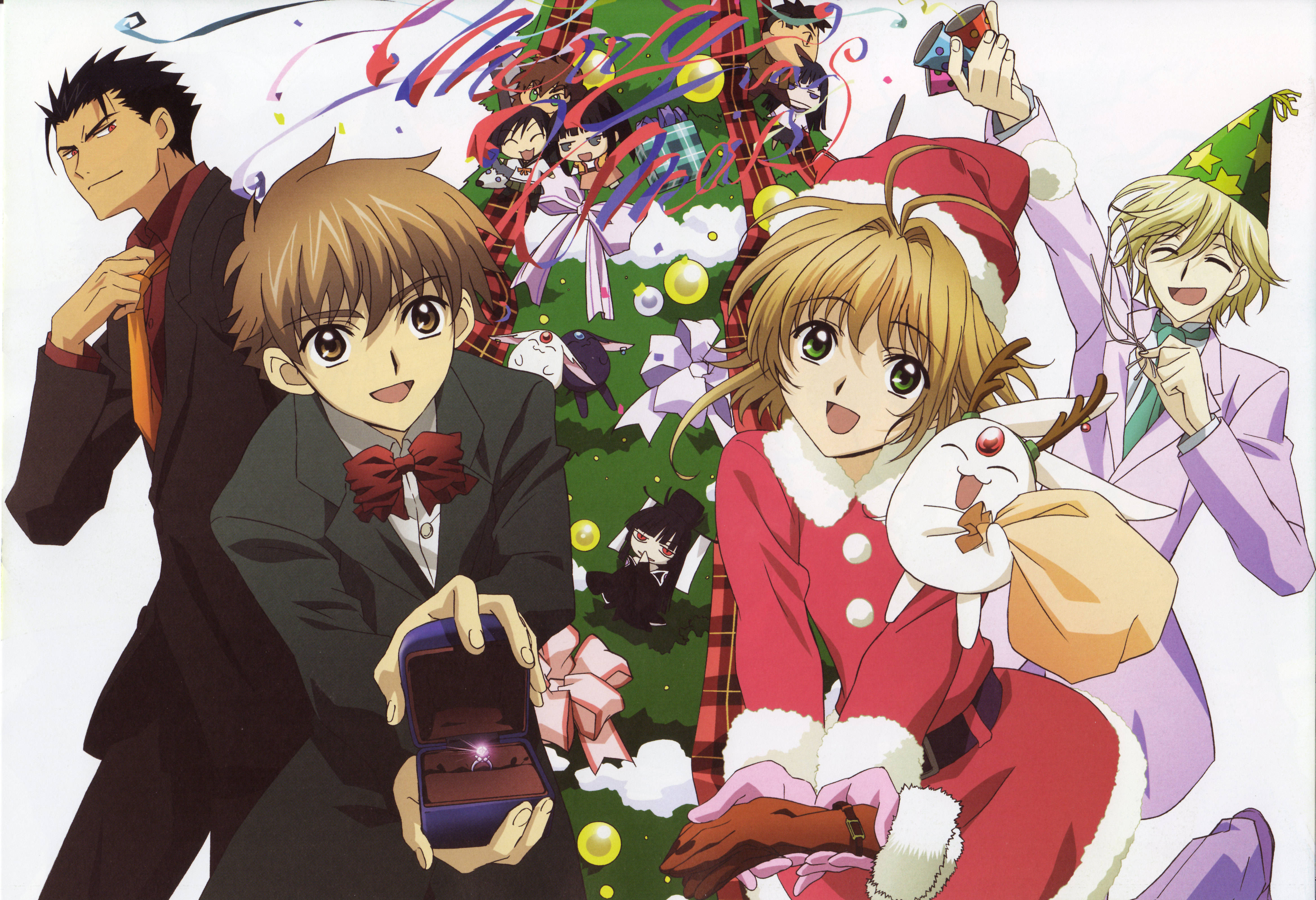 tsubasa reservoir chronicle 桌布 壁紙 — 動漫角色在裝飾好的聖誕樹周圍用五彩紙屑和禮物慶祝聖誕節。