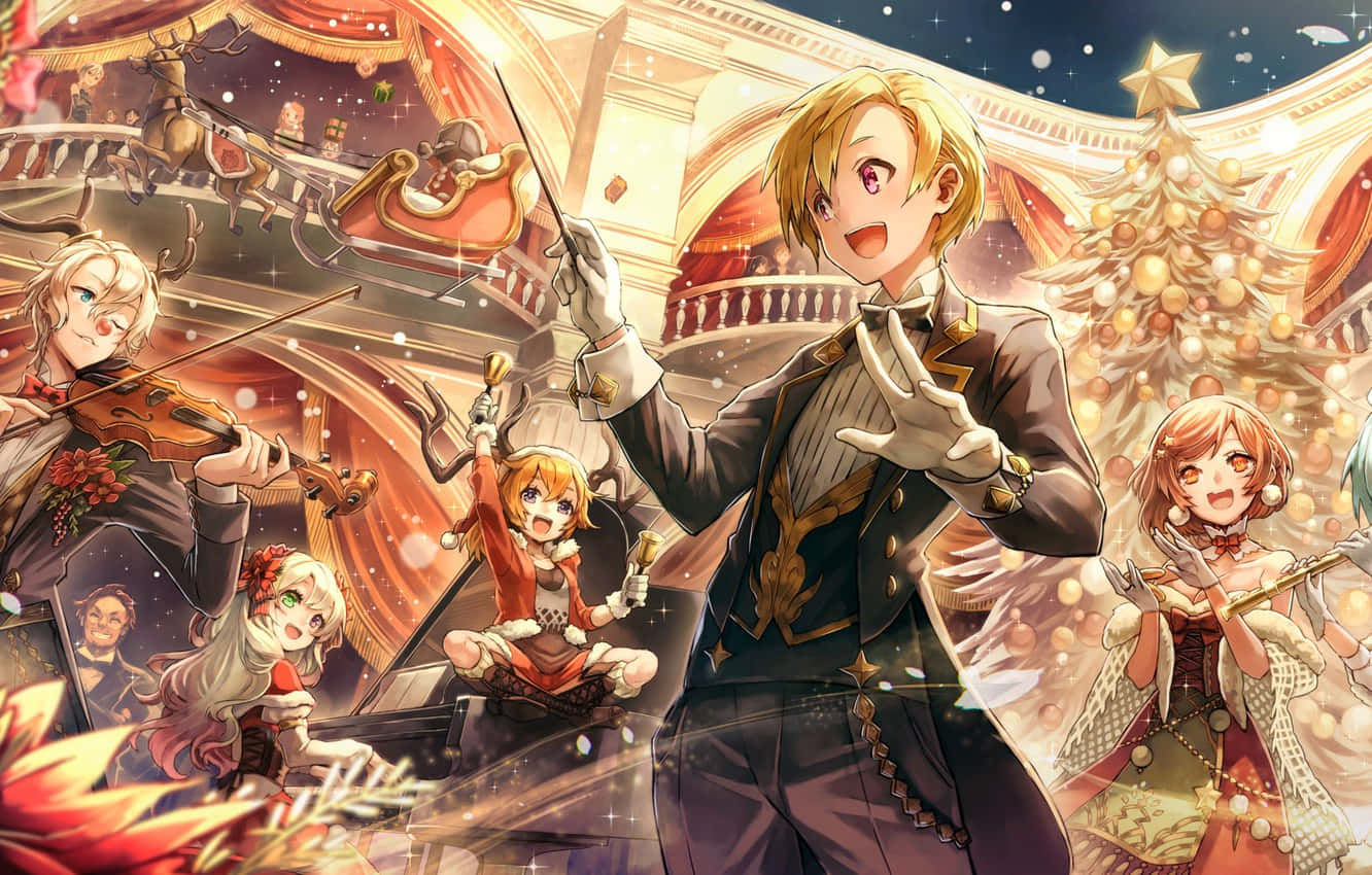 動漫男孩 桌布 壁紙 — 動漫角色在裝飾著聖誕樹和飄雪的大廳中演奏節日音樂。
