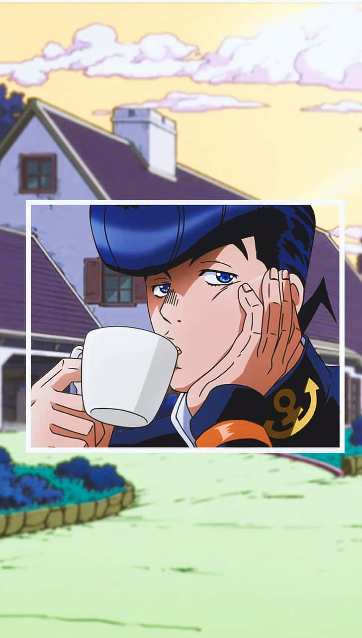 Jojo's Bizarre Adventure 桌布 壁紙 — 動漫角色在郊區房屋背景下，雙手托腮啜飲咖啡。