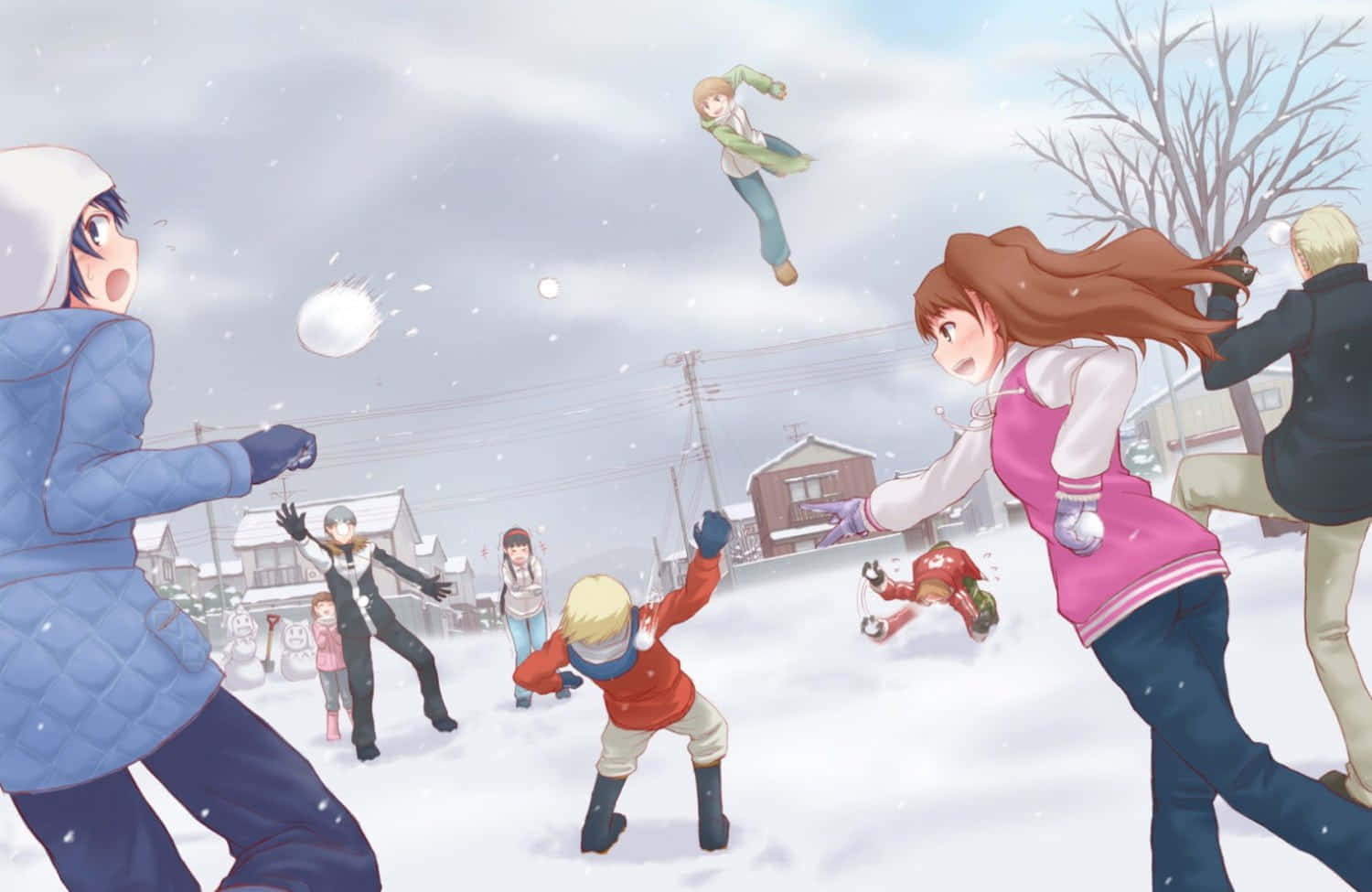 Snowball Fight 桌布 壁紙 — 動漫角色在陰天下的雪郊區社區愉快地打雪仗。