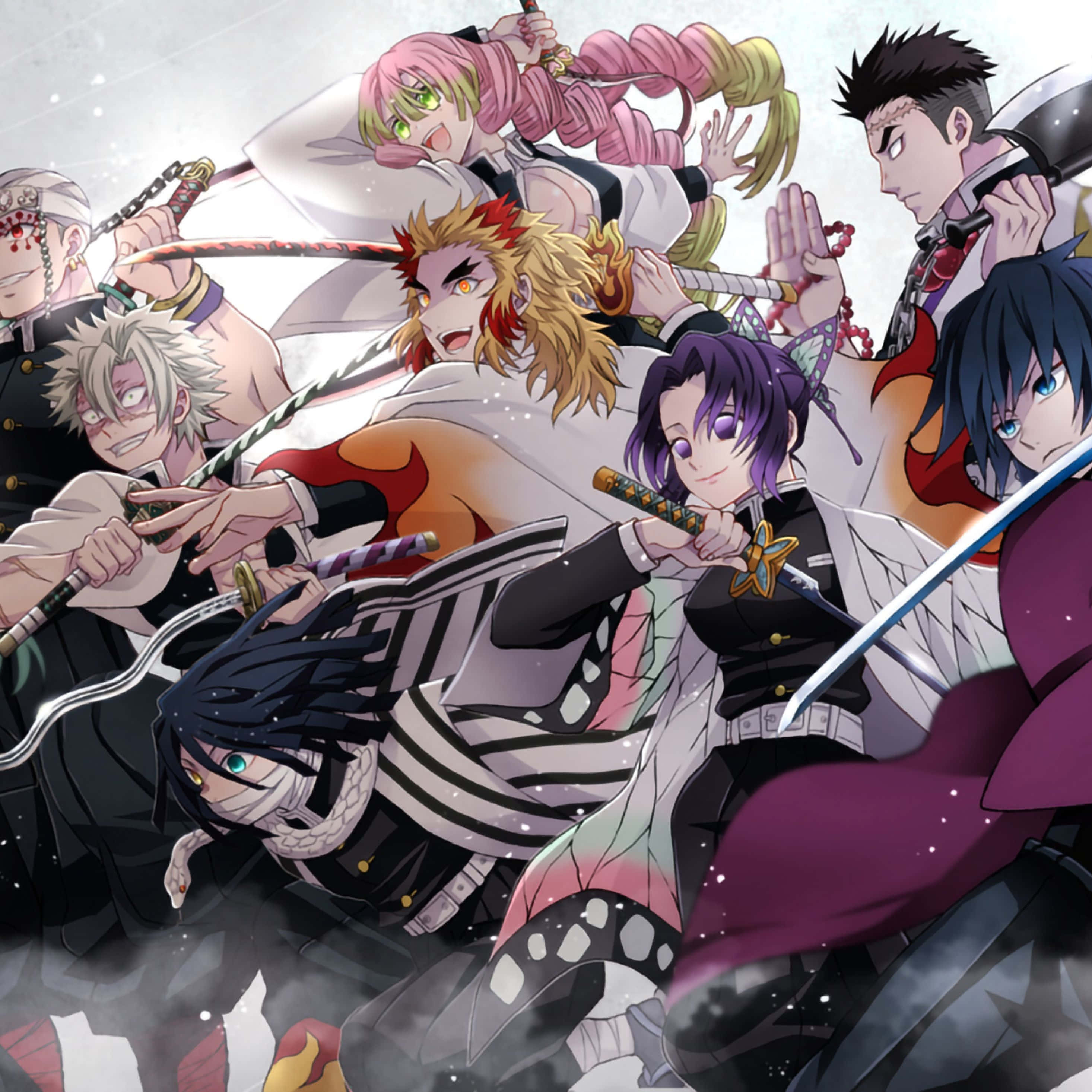 Demon Slayer iPad 桌布 壁紙 — 動漫角色在雪景背景下擺出戰鬥姿勢揮舞劍的動態場景。