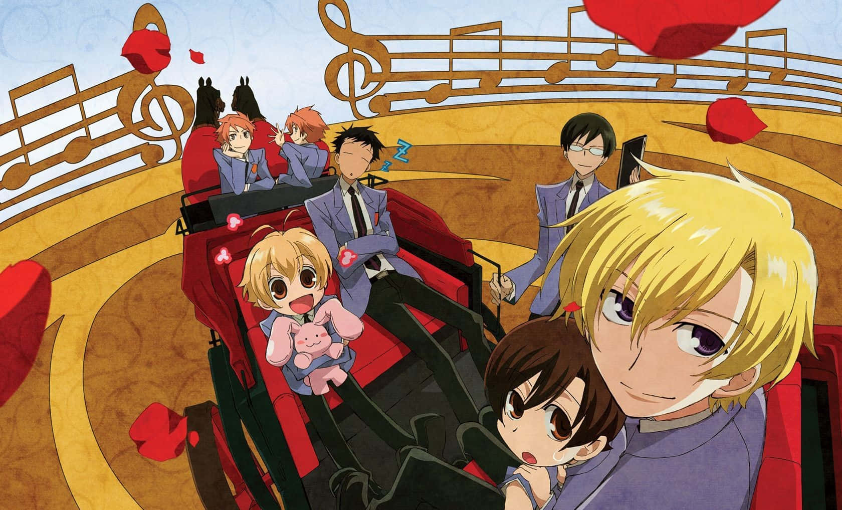haruhi fujioka 桌布 壁紙 — 動漫角色在雲霄飛車上，周圍漂浮著音符和紅色愛心。