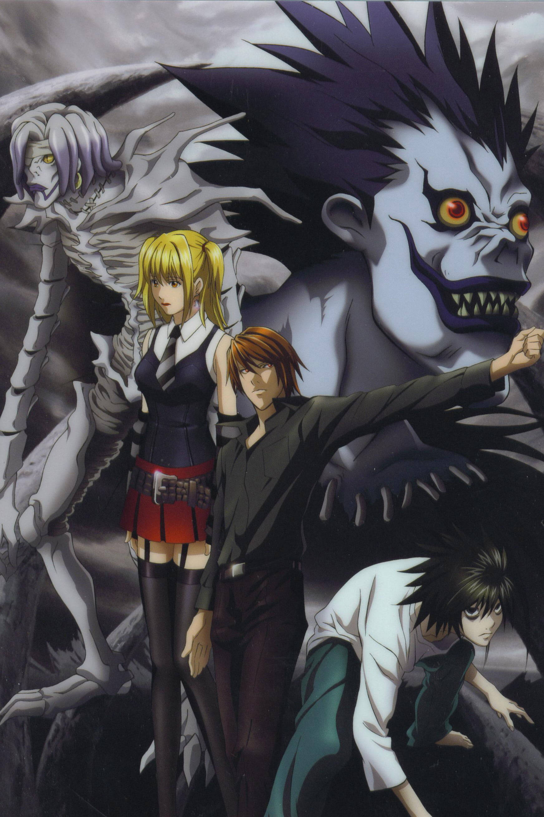Light Yagami 桌布 壁紙 — 動漫角色在風暴般的灰色背景下對抗一個巨大的、帶有威脅性骷髏臉的怪物。