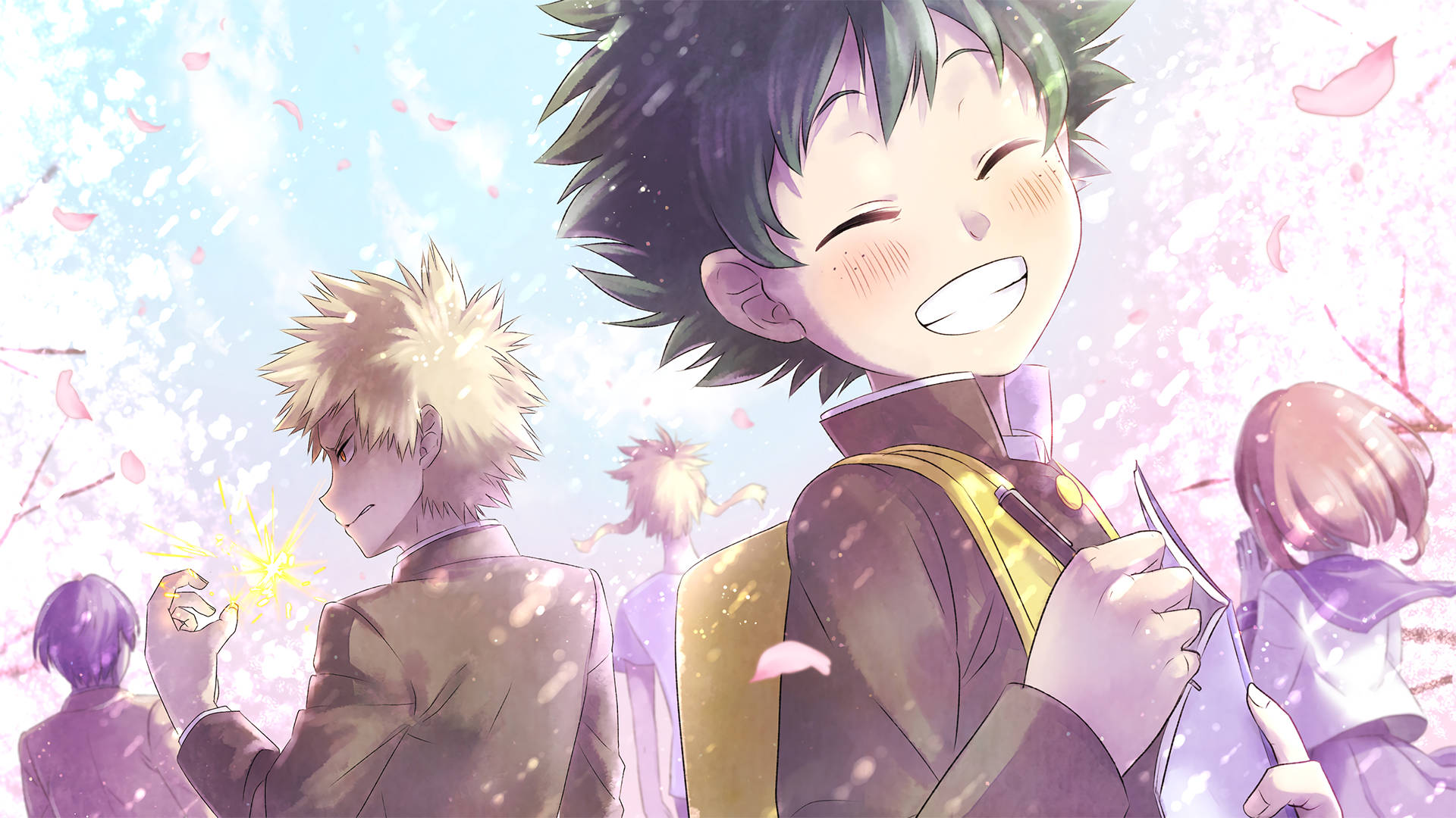 Cute Bakugou 桌布 壁紙 — 動漫角色在飄落的櫻花下大笑，伴隨著柔和的粉彩天空和閃爍的光效。