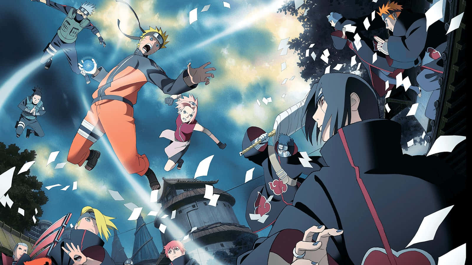 Ninja World 桌布 壁紙 — 動漫角色在飛舞的紙屑中於空中碰撞，背景是暴風雨的天空和發光的能量光束。