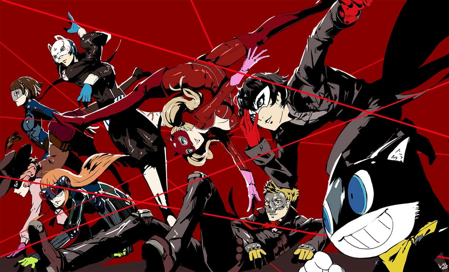 Persona 5 桌布 壁紙 — 動漫角色在鮮紅色背景上以動感姿勢展示，伴有雷射光束。