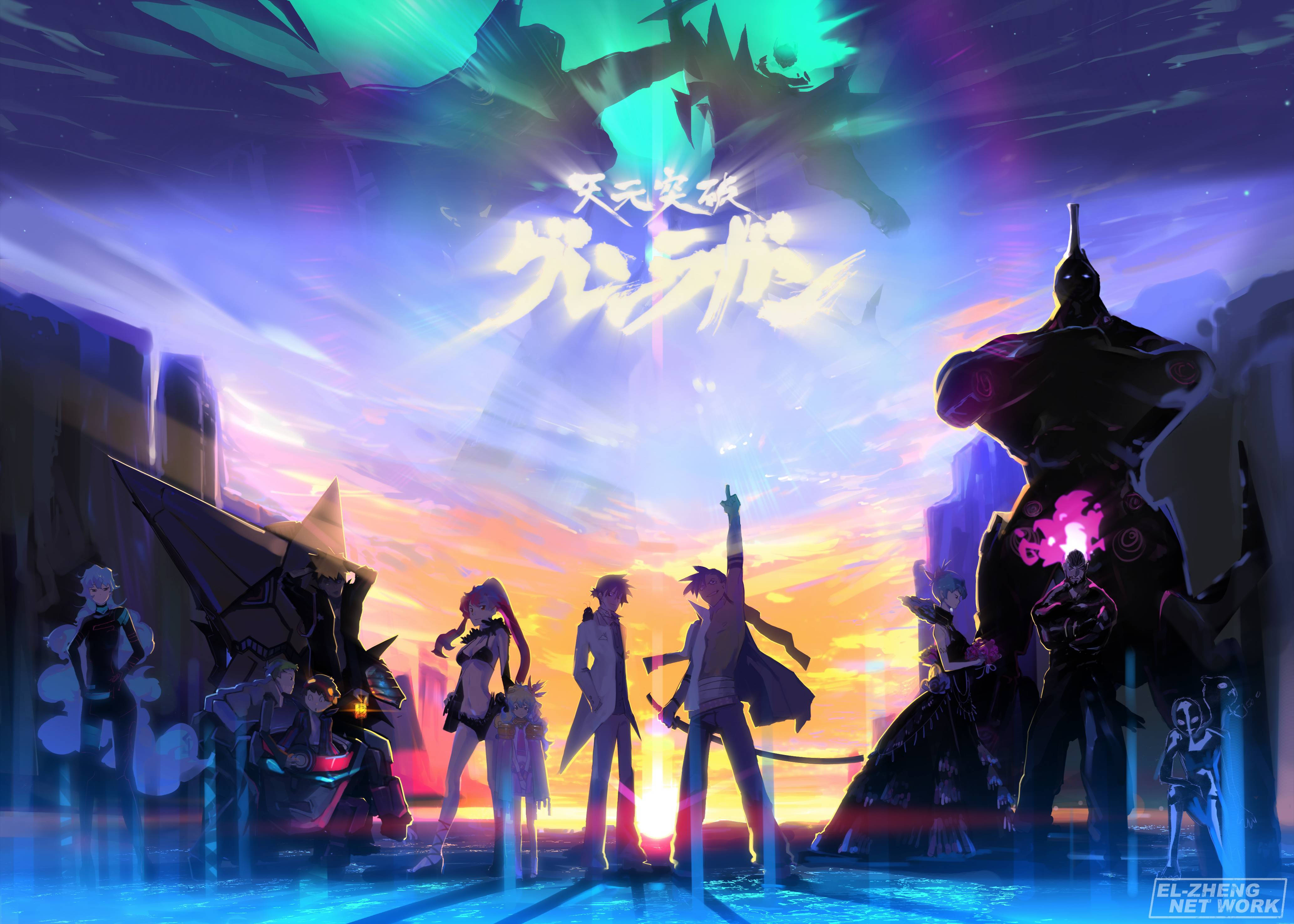 Gurren Lagann 桌布 壁紙 — 動漫角色在鮮豔的日落天空背景下呈現剪影，帶有發光文字和巨大的陰影人物籠罩在上方。