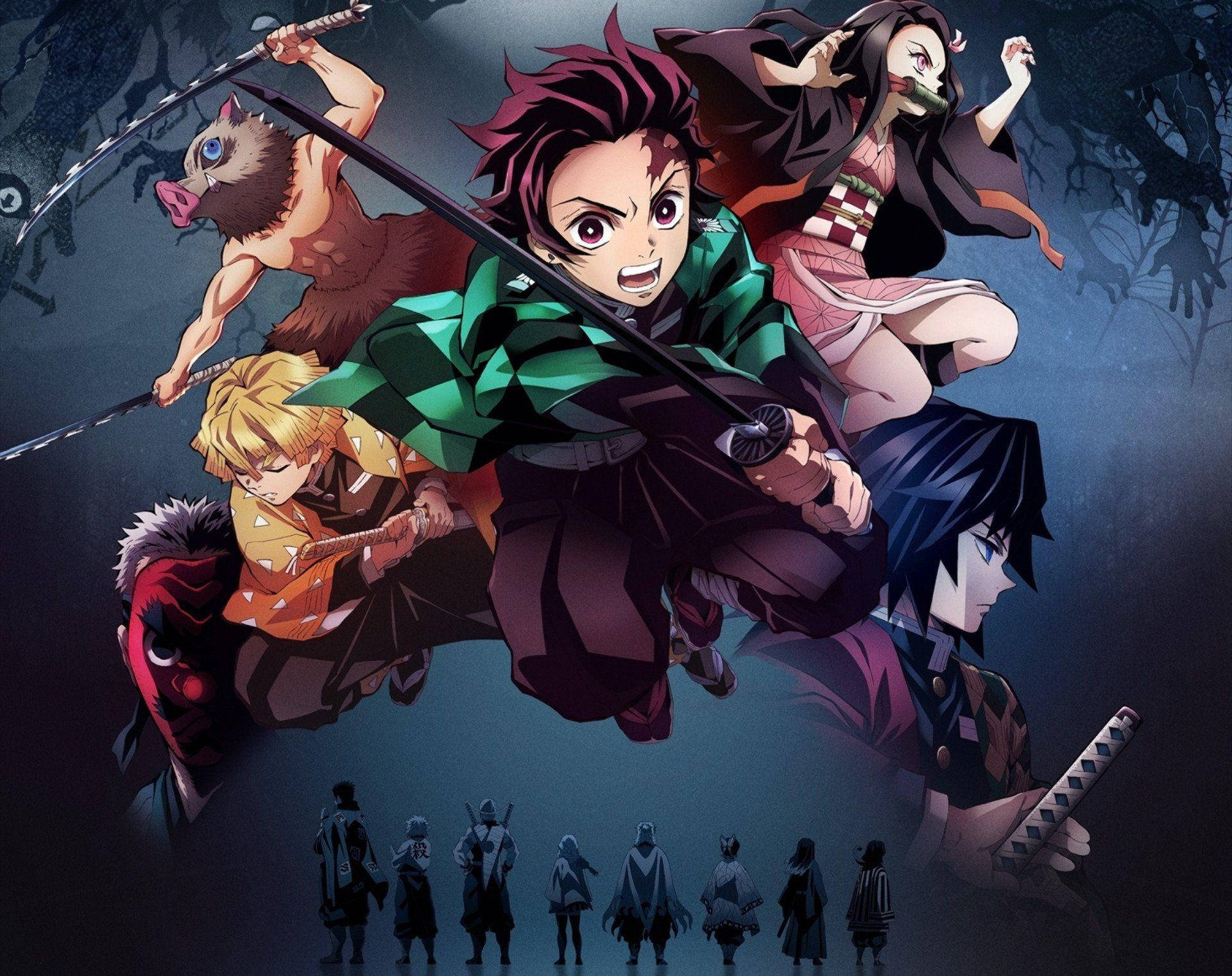 Demon Slayer Aesthetic 桌布 壁紙 — 動漫角色在黑暗森林背景下揮劍激戰的動態場景。