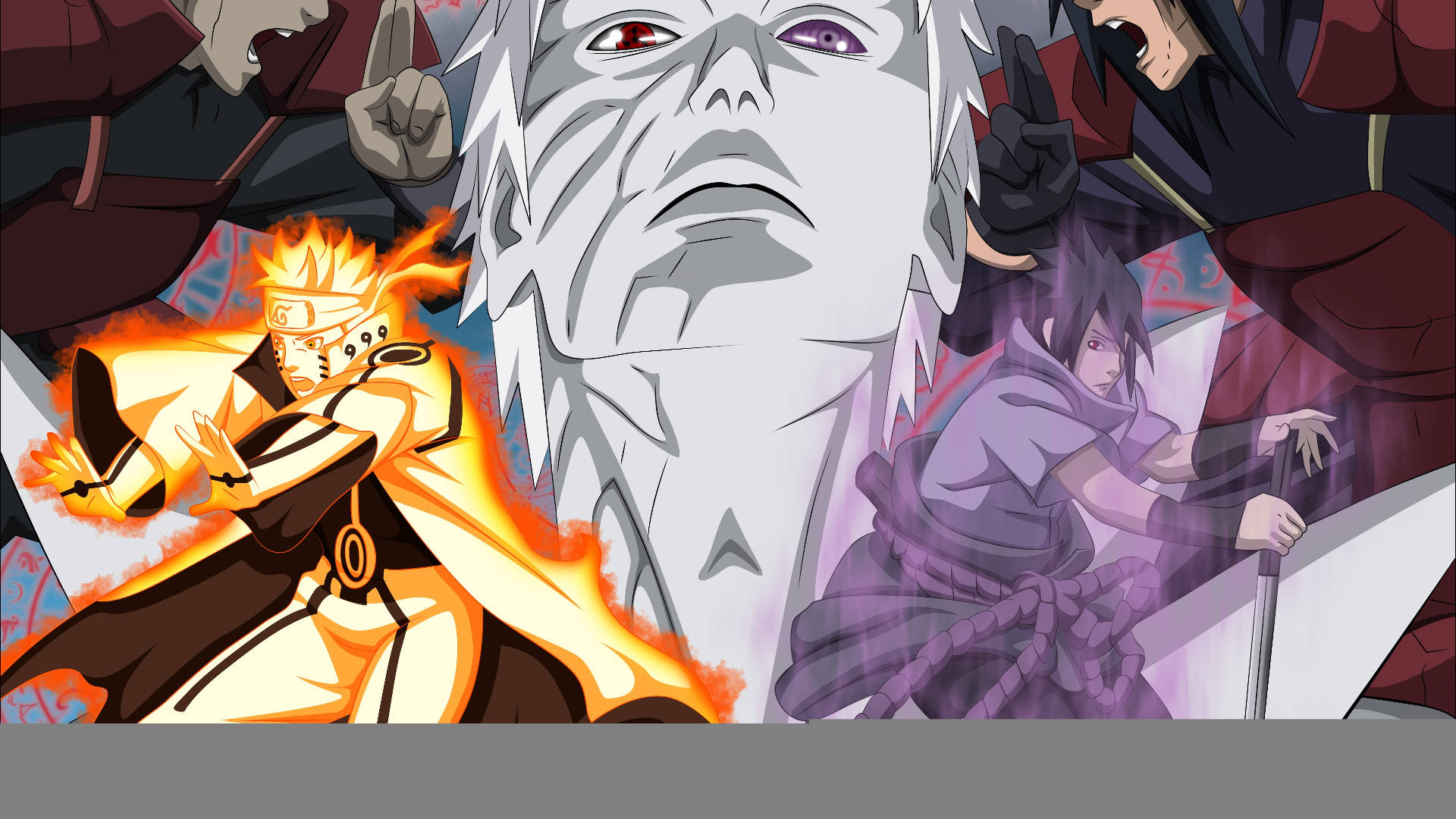 Naruto Vs Sasuke 桌布 壁紙 — 動漫角色在黑暗背景下以熾熱的橙色和紫色能量效果擺出激烈的戰鬥姿勢。