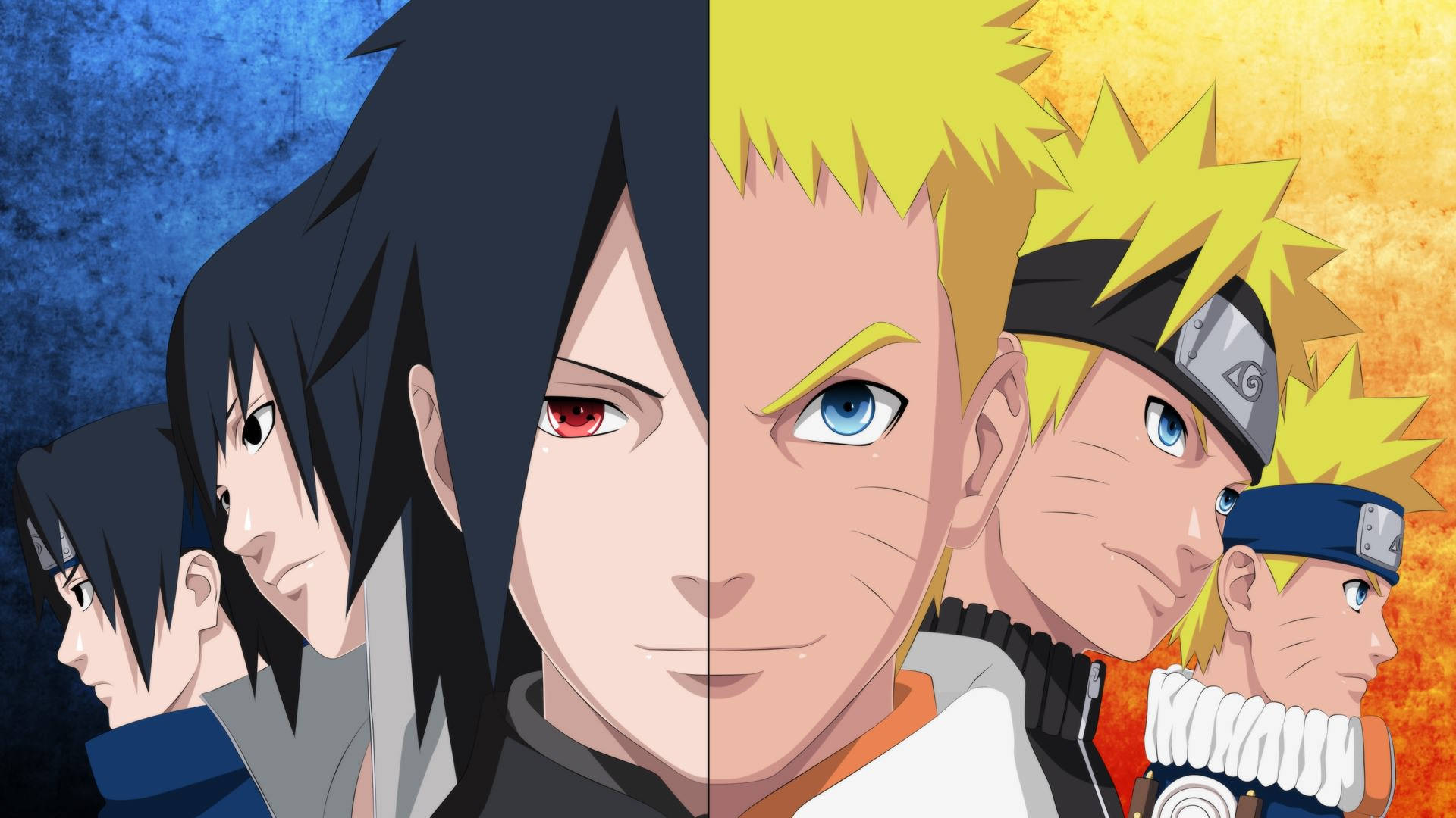 Naruto And Sasuke 桌布 壁紙 — 動漫角色垂直分割，左側深藍色，右側火橙色。
