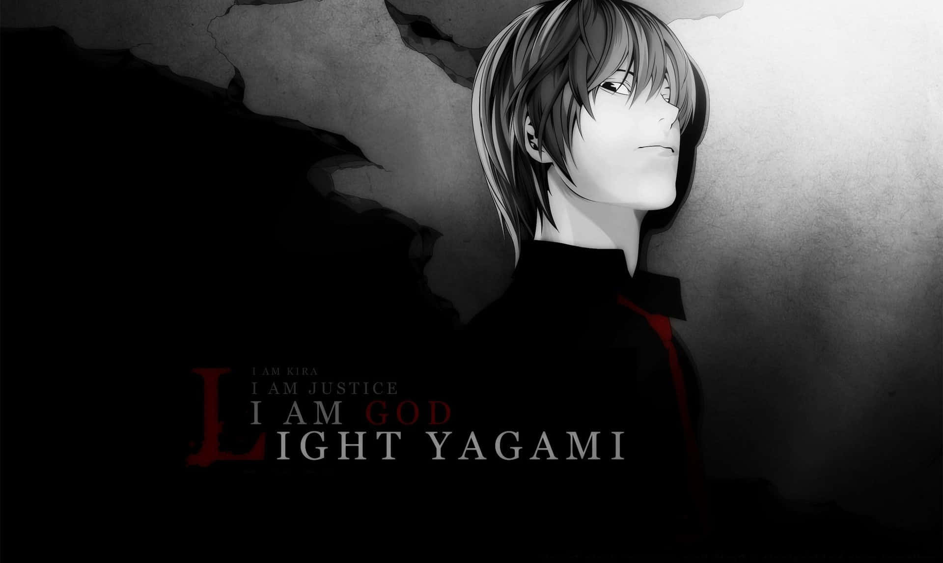 Death Note 4K 桌布 壁紙 — 動漫角色夜神月站在陰影單色中帶有紅色點綴，下方文字宣稱「我是奇樂，我是正義，我是神」。