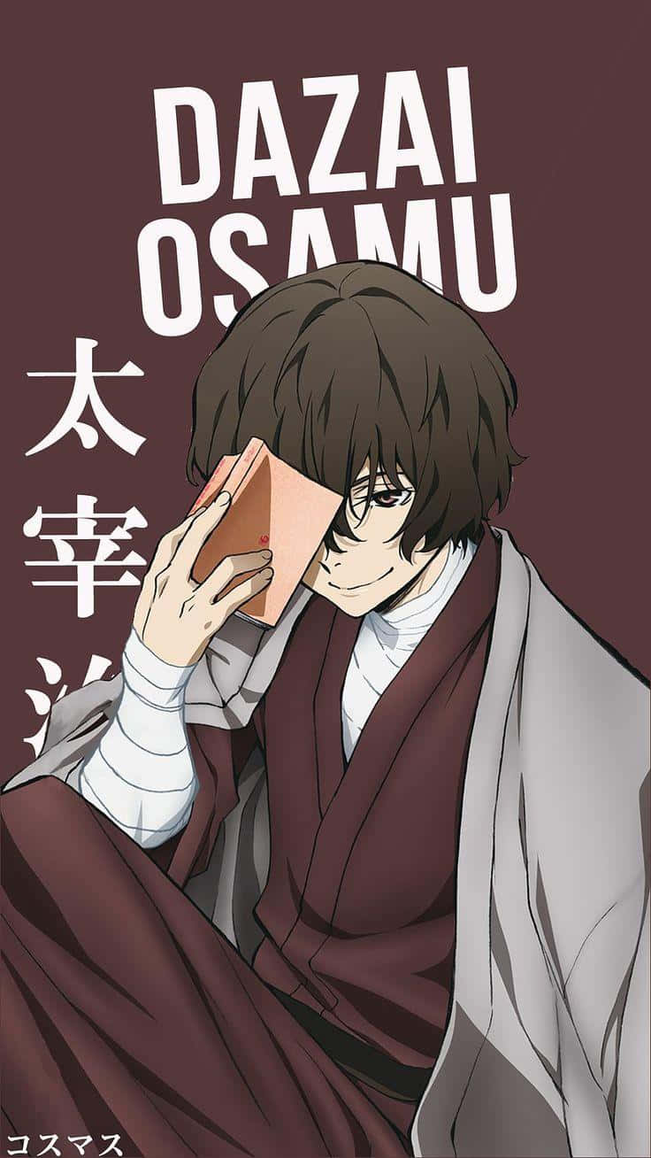 文豪野犬 桌布 壁紙 — 動漫角色太宰治穿著傳統長袍，在栗色背景前將一本書貼在臉上。
