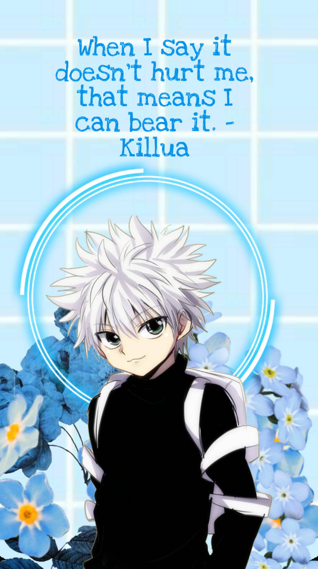 奇犽 桌布 壁紙 — 動漫角色奇犽（Killua）擁有尖刺白髮，站在藍色花朵中，背景是發光的藍色網格，並附有語錄。