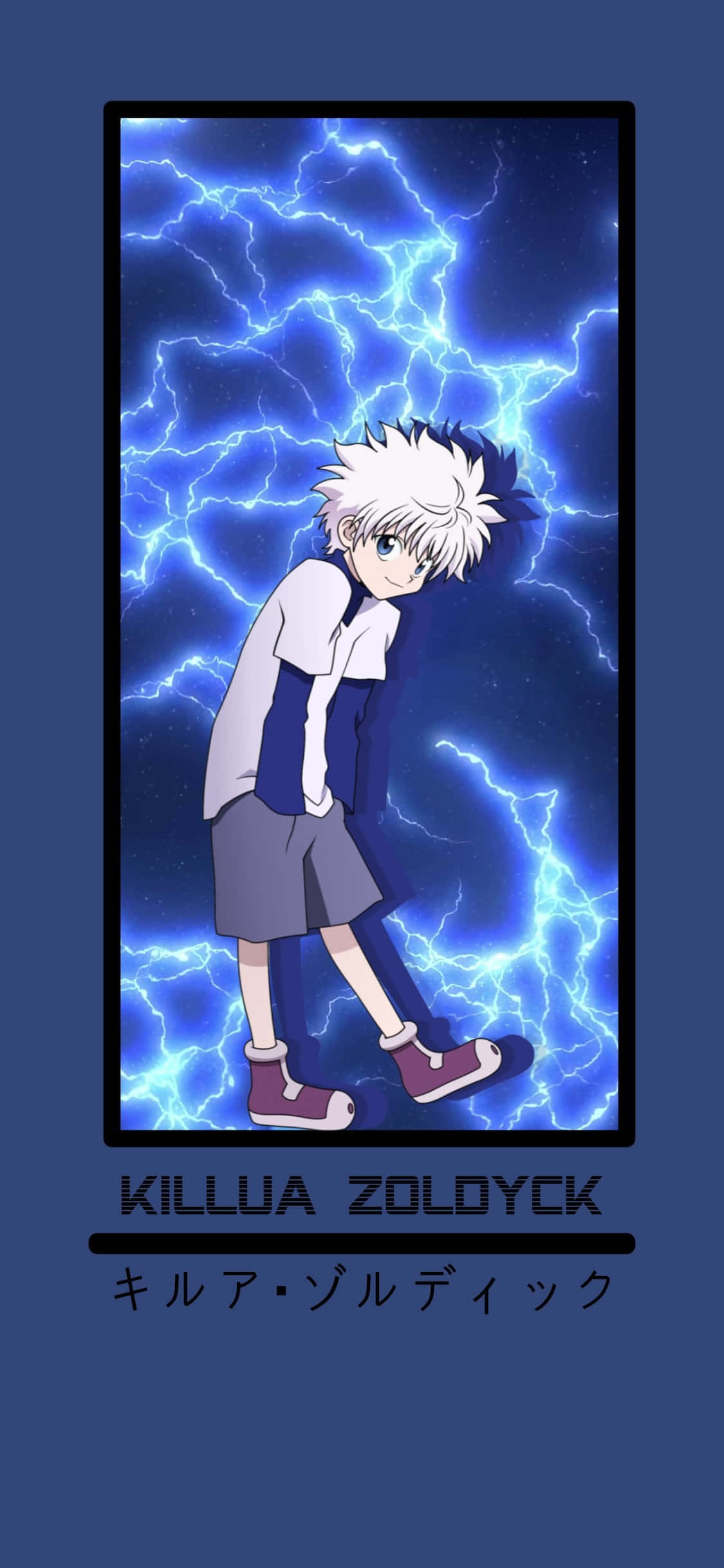 Killua Cute 桌布 壁紙 — 動漫角色奇犽·揍敵客自信地站在充滿藍色閃電的鮮豔天空前。