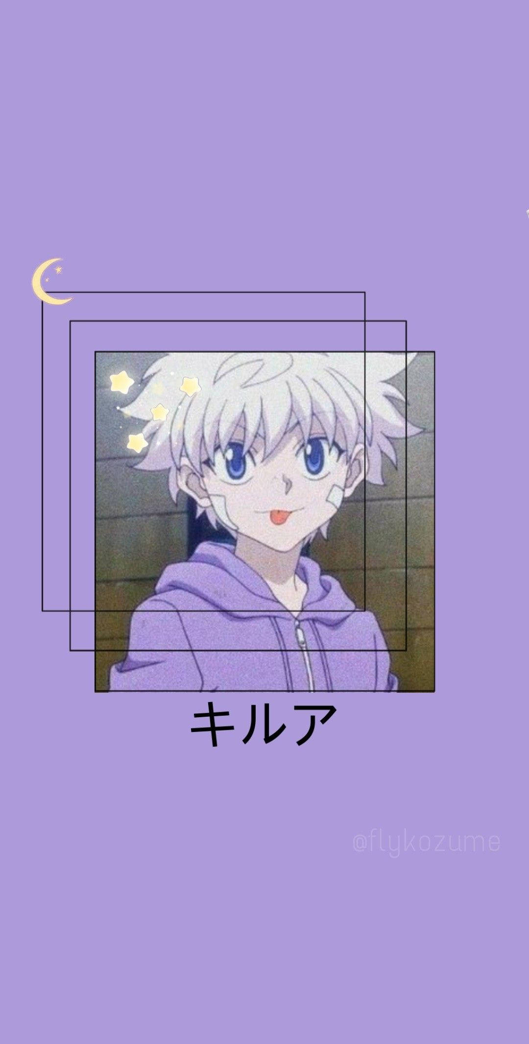 紫色動漫美學 桌布 壁紙 — 動漫角色奇犽，白髮藍眼，穿著紫色連帽衫，在薰衣草背景上由層疊方塊框住，背景有新月和星星，微笑著。