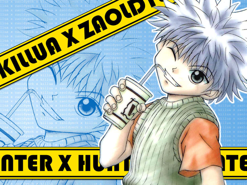 Shonen Anime 桌布 壁紙 — 動漫角色奇犽用吸管喝飲料，背景為藍色，帶有他的眼睛和『Hunter x Hunter』文字。