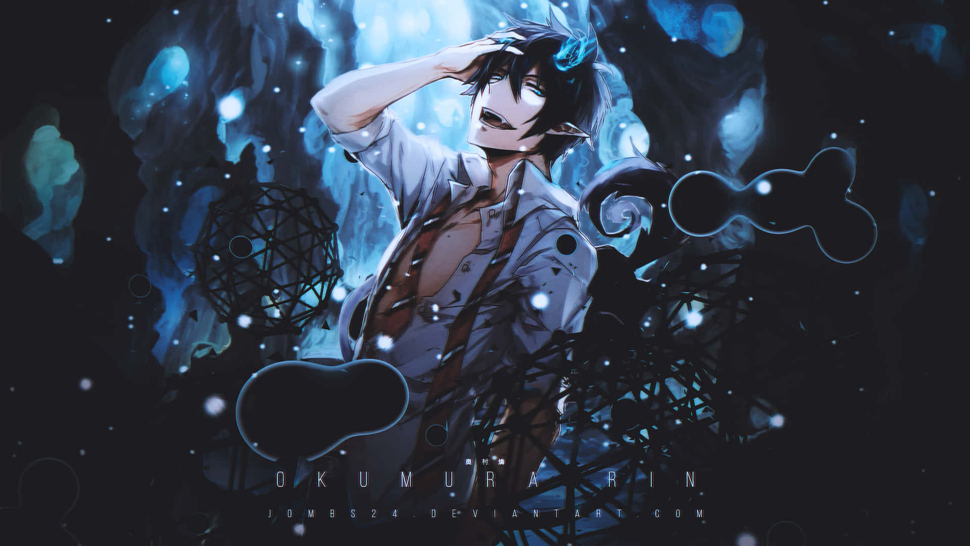 Blue Exorcist 桌布 壁紙 — 動漫角色奧村燐站在發光的藍色能量和漂浮的幾何形狀中，背景是黑暗的宇宙。