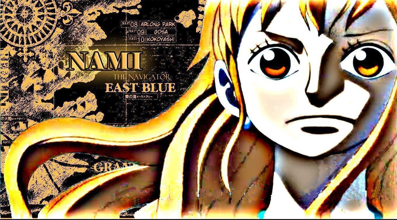 East Blue 桌布 壁紙 — 動漫角色娜美，金色頭髮，眼神銳利，背景為地圖主題並帶有導航文字。
