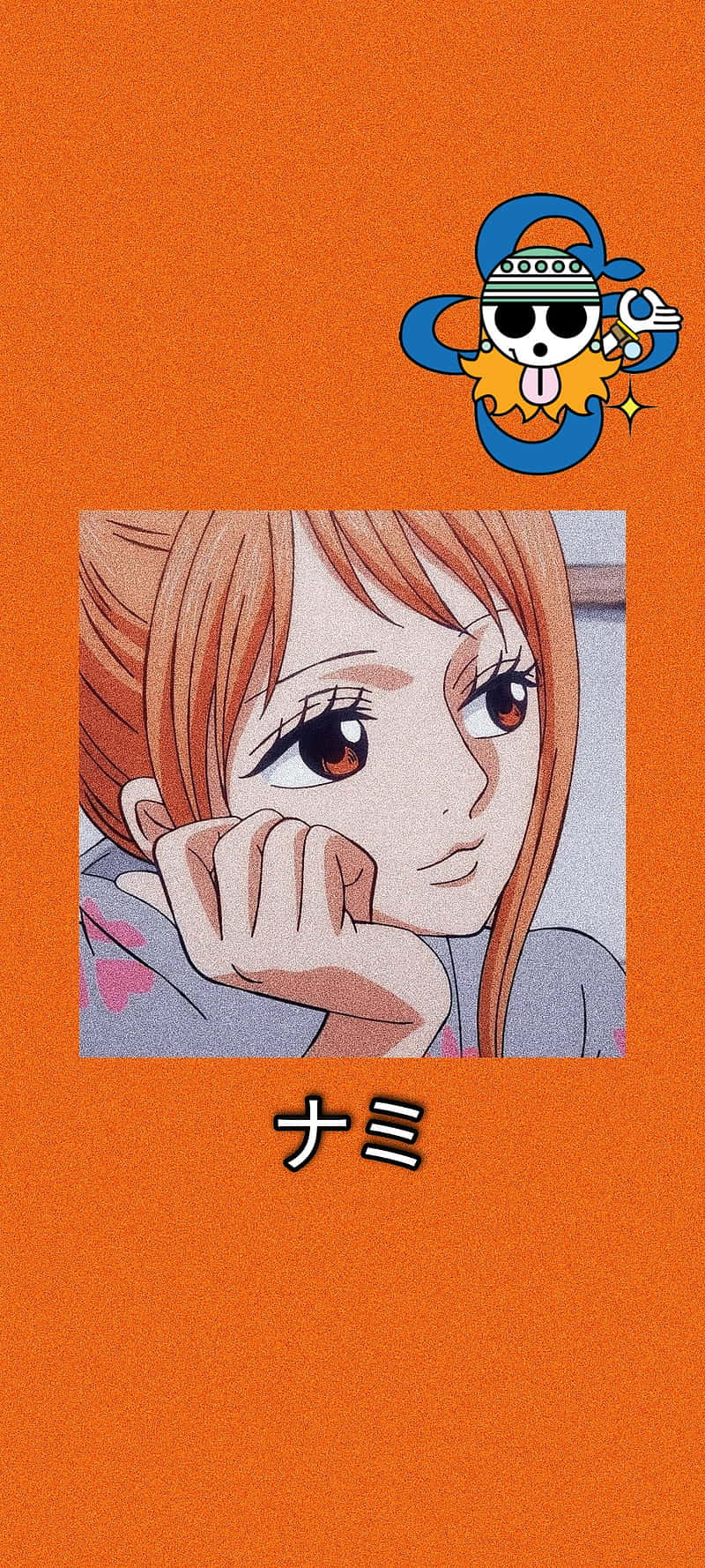 海賊王 桌布 壁紙 — 動漫角色娜美將下巴擱在手上，背景為純橙色，上方有她的海盜船員標誌。