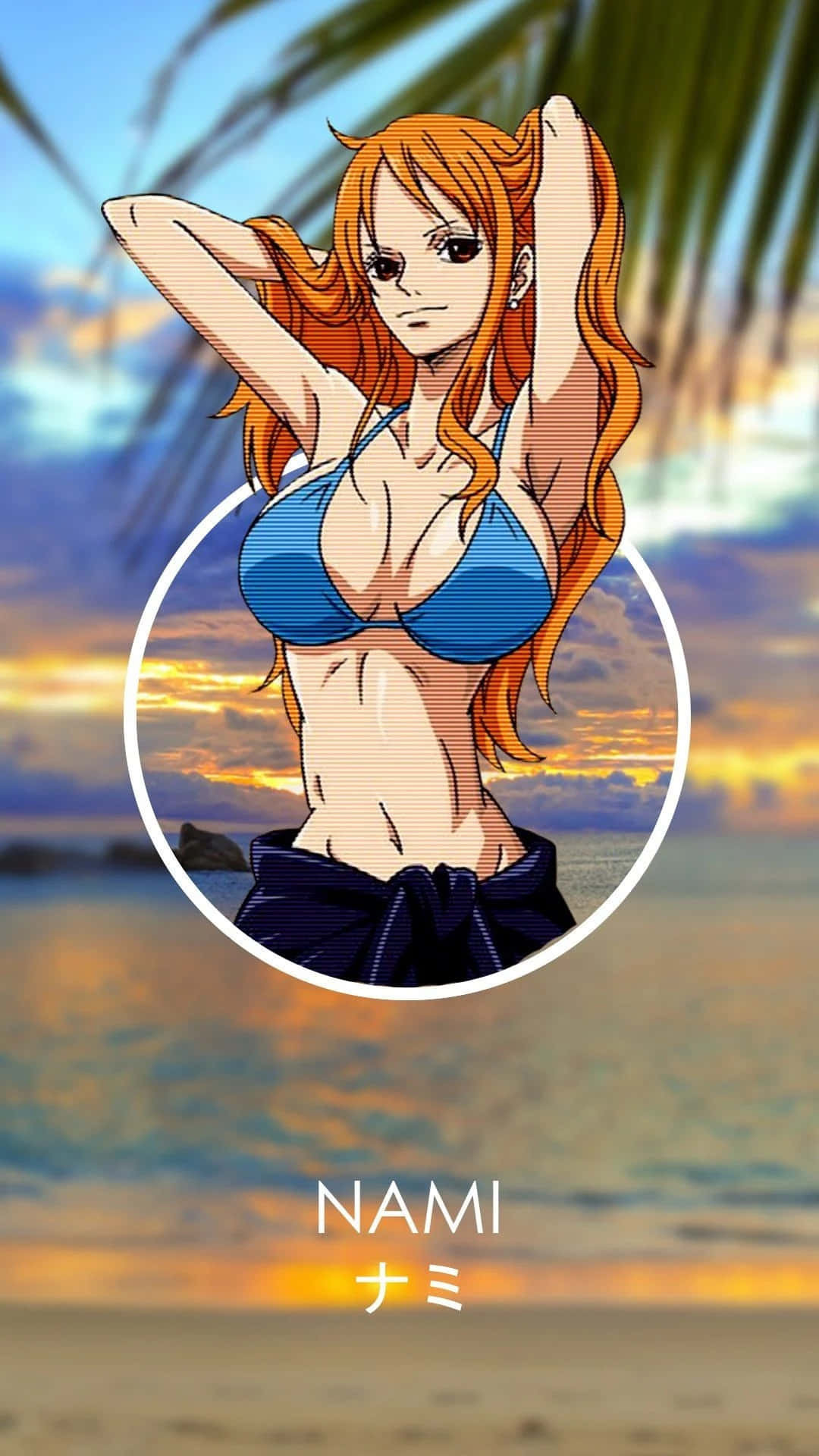 Nami 桌布 壁紙 — 動漫角色娜美身穿藍色比基尼，自信地站在熱帶日落海灘背景前，周圍有棕櫚葉。