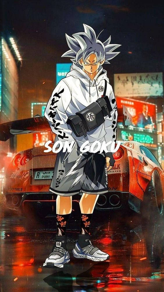 動漫英雄孫悟空在雨夜的霓虹城市中，旁邊是一輛紅色跑車。 — 龍珠Z 壁紙