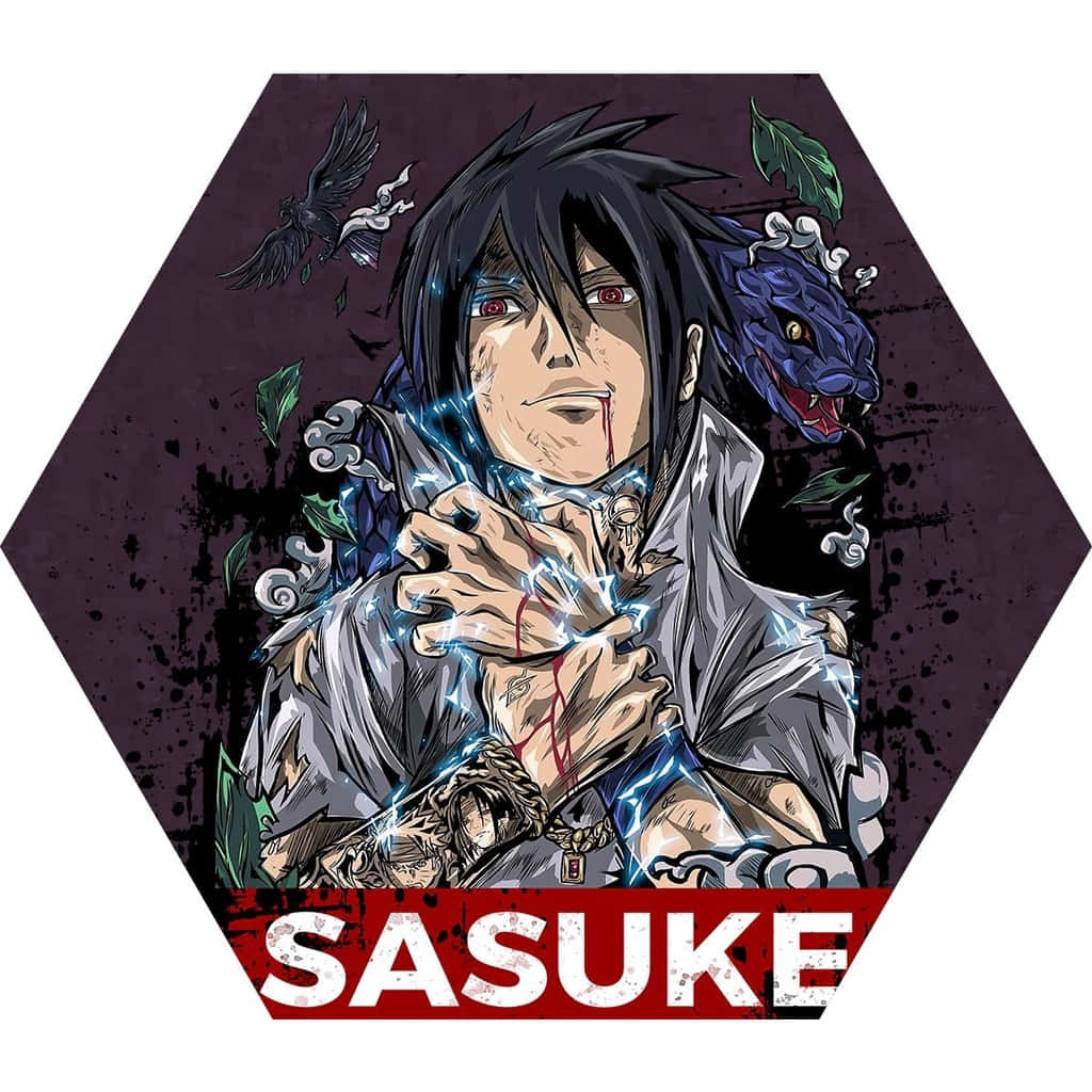 Sasuke 桌布 壁紙 — 動漫角色宇智波佐助，臉上帶有發光的藍色查克拉和血跡，被烏鴉和蛇包圍。