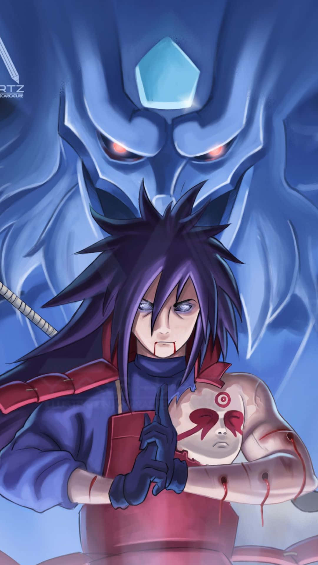 Uchiha iPhone 桌布 壁紙 — 動漫角色宇智波佐助，黑髮紅寫輪眼，手持沾血苦無，身後藍色查克拉龍隱現。