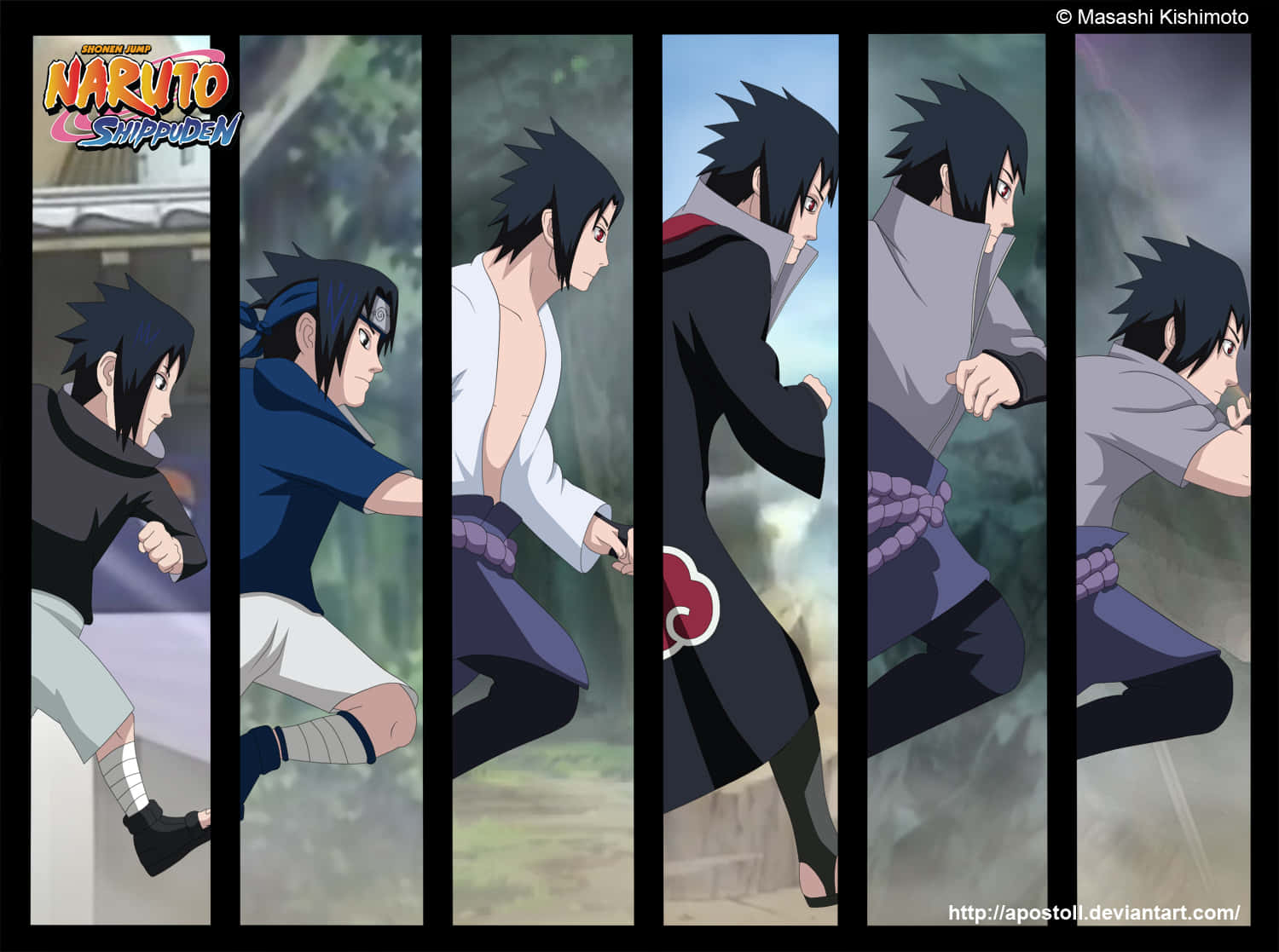 Sasuke 桌布 壁紙 — 動漫角色宇智波佐助以六個動態動作姿勢展示在垂直面板上，背景為迷霧森林。